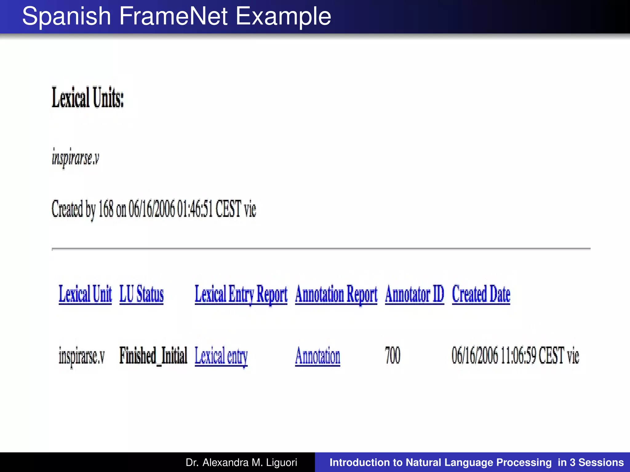 Spanish FrameNet Example
Dr. Alexandra M. Liguori Introduction to Natural Language Processing in 3 Sessions
 