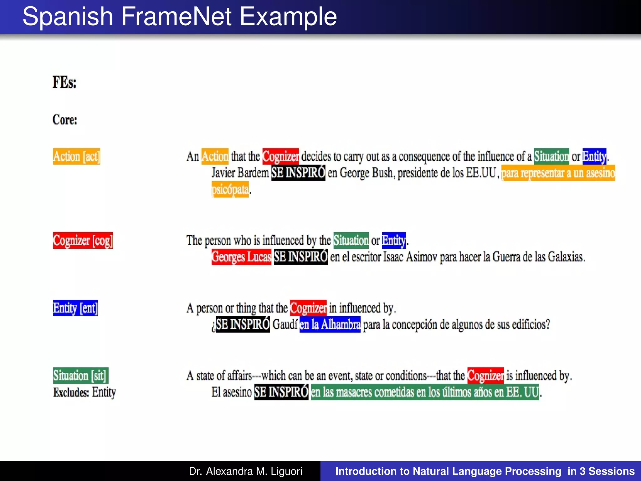 Spanish FrameNet Example
Dr. Alexandra M. Liguori Introduction to Natural Language Processing in 3 Sessions
 