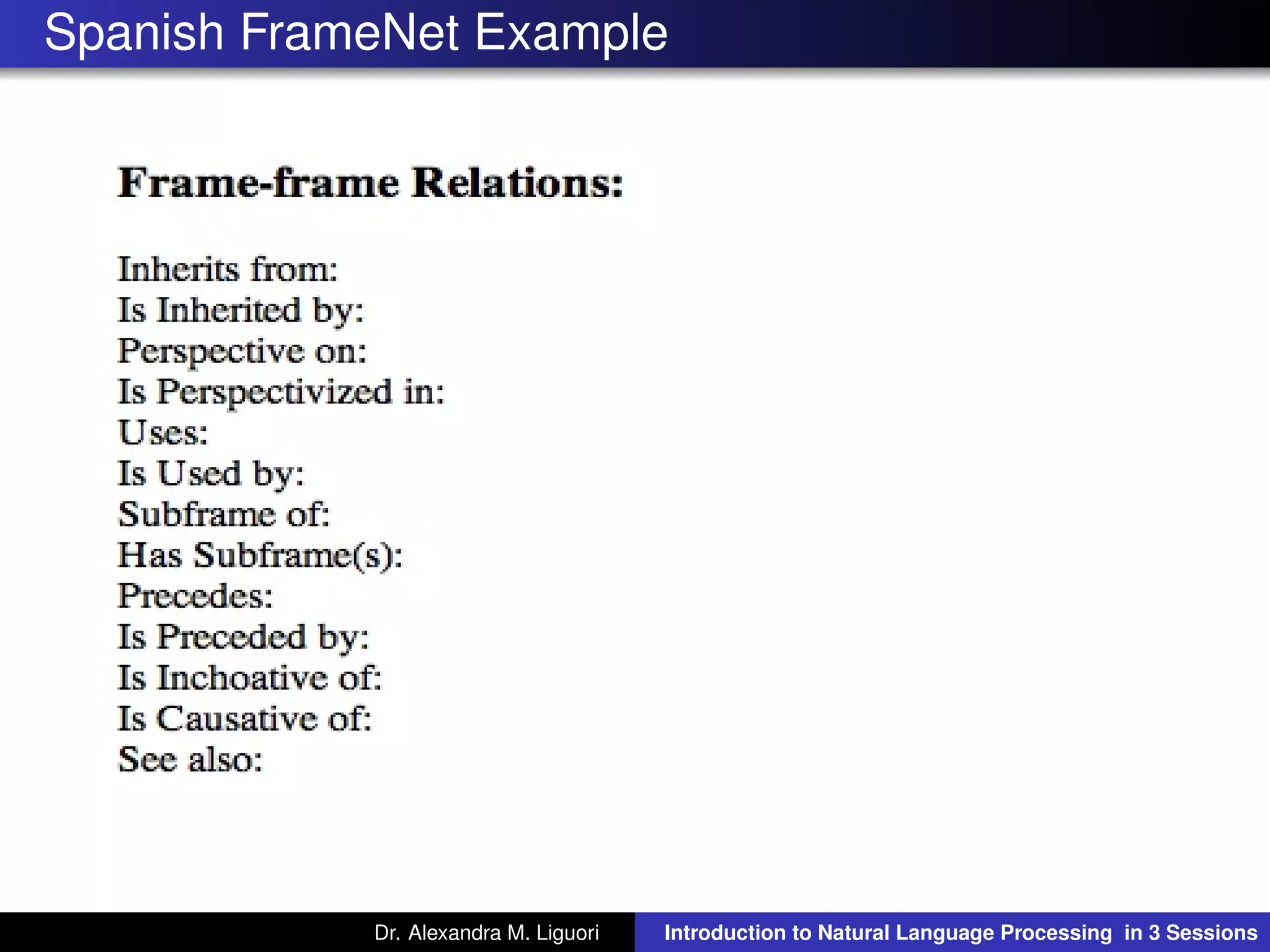 Spanish FrameNet Example
Dr. Alexandra M. Liguori Introduction to Natural Language Processing in 3 Sessions
 