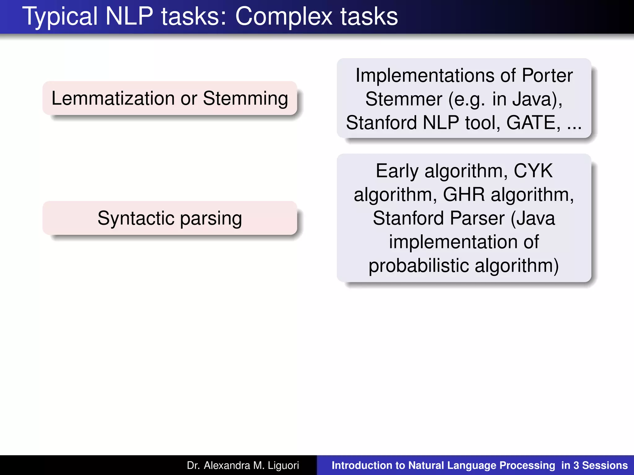 Typical NLP tasks: Complex tasks
Lemmatization or Stemming
Implementations of Porter
Stemmer (e.g. in Java),
Stanford NLP tool, GATE, ...
Syntactic parsing
Early algorithm, CYK
algorithm, GHR algorithm,
Stanford Parser (Java
implementation of
probabilistic algorithm)
Dr. Alexandra M. Liguori Introduction to Natural Language Processing in 3 Sessions
 