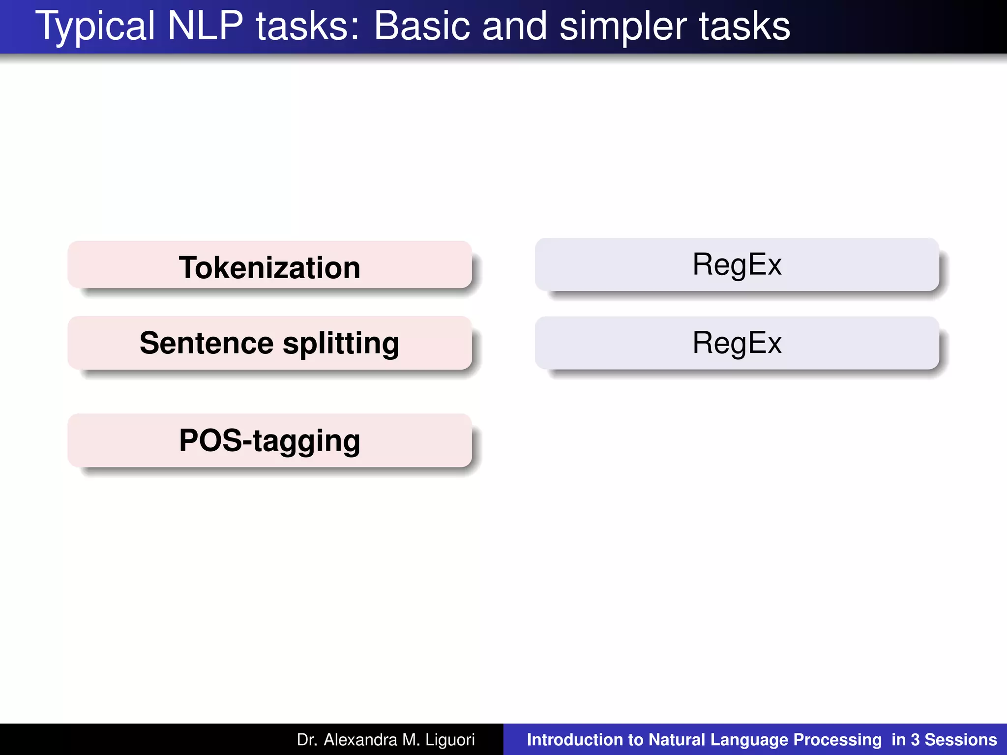 Typical NLP tasks: Basic and simpler tasks
Tokenization RegEx
Sentence splitting RegEx
POS-tagging
Dr. Alexandra M. Liguori Introduction to Natural Language Processing in 3 Sessions
 