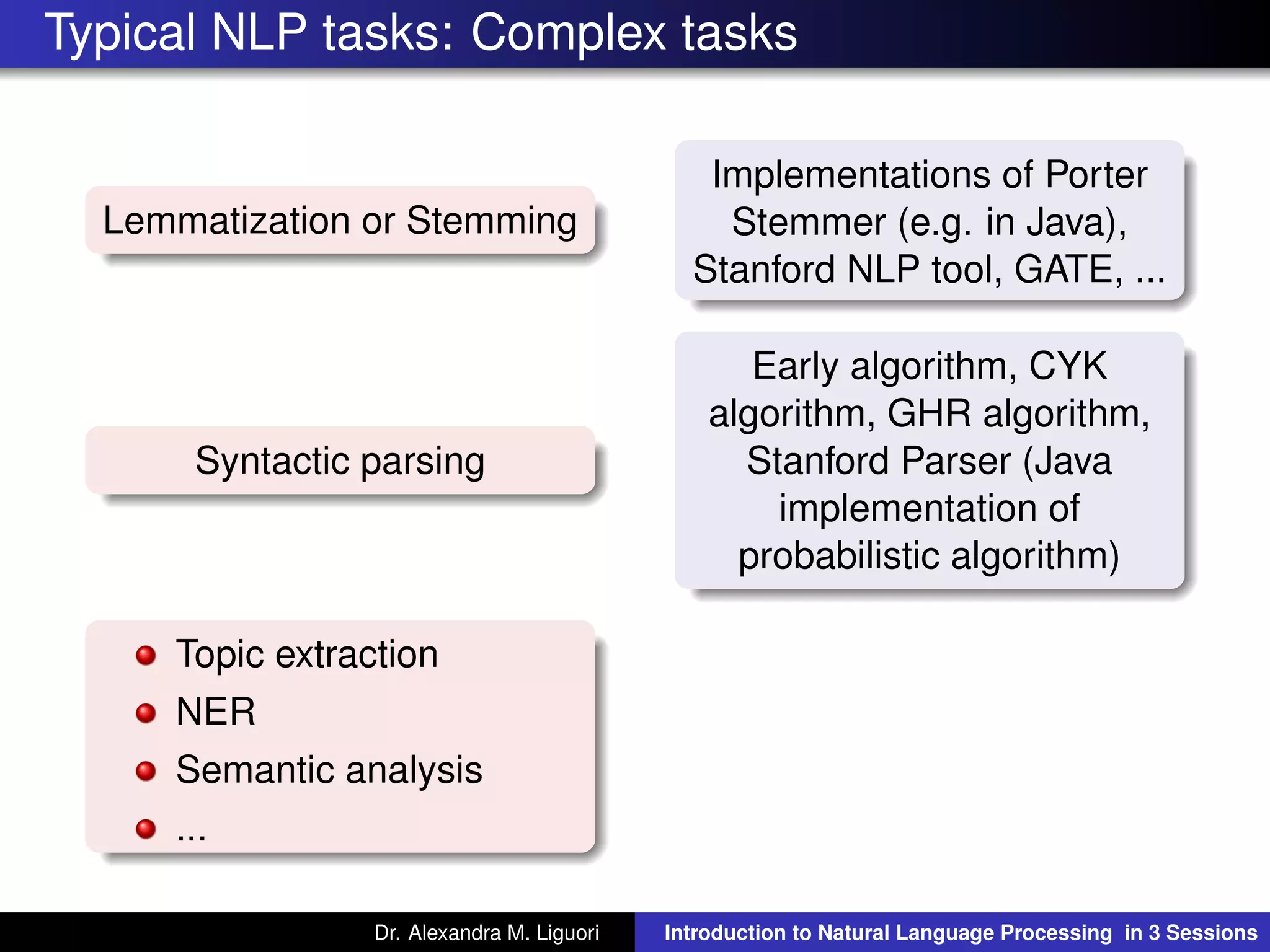 Typical NLP tasks: Complex tasks
Lemmatization or Stemming
Implementations of Porter
Stemmer (e.g. in Java),
Stanford NLP tool, GATE, ...
Syntactic parsing
Early algorithm, CYK
algorithm, GHR algorithm,
Stanford Parser (Java
implementation of
probabilistic algorithm)
Topic extraction
NER
Semantic analysis
...
Dr. Alexandra M. Liguori Introduction to Natural Language Processing in 3 Sessions
 