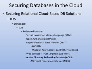 Securing Databases in the Cloud
• Securing Relational Cloud-Based DB Solutions
– IaaS
• Database
– IAM
» Federated Identity
-Security Assertion Markup Language (SAML)
-Open Authorization (OAuth)
-Representational State Transfer (REST)
-AWS IAM
-Windows Azure Access Control Service (ACS)
-Web Services – Trust Language (WS-Trust)
-Active Directory Federation Services (ADFS)
-Microsoft Federation Gateway (MFG)
 