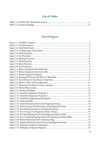 6
List of Tables
Table 1.1: NATPET Raw Materials & Sources…………………..………………………………….2
Table 3.1: Clearance Readings…………………………………….………………………………..12
List of Figures
Figure 1.1: NATPET Company……………………………………..………………………………..1
Figure 2.1: Hot Work Permit………………………………………..………………..........................5
Figure 2.2: Cold Work Permit………………………………………..……………………………....5
Figure 2.3: Confined Space Entry Permit……………………………..………………….................. 5
Figure 2.4: Head Protection……………………………………………..…………………….……...5
Figure 2.5: Eye Protection………………………………………………..…………………….…….6
Figure 2.6: Hearing Protection……………………………………………..………………….……..6
Figure 2.7: Hand Protection…………………………………………………..…………………...…6
Figure 2.8: Body Protection……………………………………………………..……………...……6
Figure 2.9: Foot Protection………………………………………………………...……………..…. 6
Figure 3.1: Blower Equipment from Shaft Side……………………………………..…………….…8
Figure 3.2: Blower Equipment from Gears Side……………………………………..……………....8
Figure 3.3: Blower Equipment Diagram………………………………………………..……………8
Figure 3.4: Damaged Oil Seal on the Blower’s Shaft Side...........................................................…...9
Figure 3.5: New Oil Seal on The Blower’s Shaft Side…………………………………...…………11
Figure 3.6: Blower’s Rotor Timing Adjustment.........................................................................…...11
Figure 3.7: Measuring The Blower’s Lobes clearances…………………………………………….11
Figure 3.8: Blower Rotary Lobes……………………………………………………..…………….11
Figure 3.9: Clearance Readings……………………………………………………….…………….12
Figure 3.10: Feed Drier Regenerate Pump Pic.1.........................................................................…...13
Figure 3.11: Feed Drier Regenerate Pump Pic.2……………………………………………………13
Figure 3.12: Feed Drier Regenerate pump Diagram………………………………….…………….13
Figure 3.13: Isolation Blinds………………………………………………………………….…….14
Figure 3.14: Leaked Mechanical Seal on the Regenerate Pump……………………………...…….15
Figure 3.15: Suction Flange Oil Observation on the Regenerate Pump……………………….……15
Figure 3.16: New Mechanical Seal on the Regenerate Pump.....................................................…...16
Figure 3.17: New O-ring on the Regenerate Pump’s Flange…………………………….…………16
Figure 3.18: New Ball Bearing Fixed on the Regenerate pump’s Shaft…………………….……...17
Figure 3.19: New Cylindrical Bearing Fixed on the Regenerate Pump’s Shaft………………….…17
Figure 3.20: Broken Mechanical Seal’s Stationary Ring……………………………………...……18
Figure 3.21: Repaired Mechanical Seal Fixed on the Regenerate Pump…………………….……..19
Figure 3.22: Hydrogen Compressor Equipment…………………………………………………….20
Figure 3.23: Hydrogen Compressor Diagram………………………………………………...…….20
 