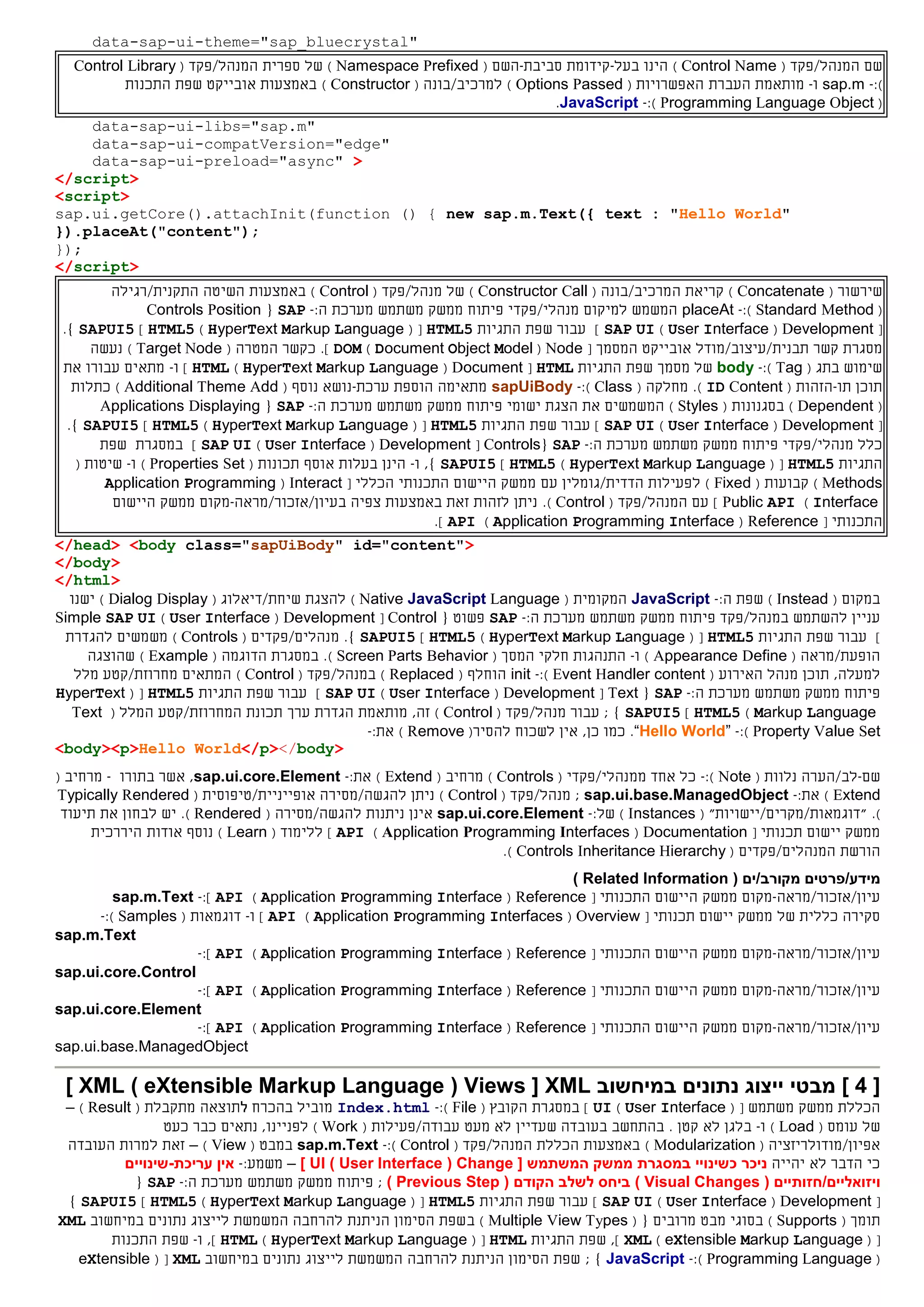 data-sap-ui-theme="sap_bluecrystal"
‫ה‬ ‫שם‬‫מנהל‬/( ‫פקד‬Control Name)‫בעל‬ ‫הינו‬-‫קידומת‬‫סביבת‬-( ‫השם‬Namespace Prefixed)‫של‬‫ספרית‬/‫המנהל‬( ‫פקד‬Control Library
):-sap.m‫ו‬-‫מותאמת‬‫העברת‬‫ה‬( ‫אפשרויות‬Options Passed)‫ל‬( ‫מרכיב/בונה‬Constructor)‫אובייקט‬ ‫באמצעות‬‫שפת‬‫ה‬‫תכנות‬
(Programming Language Object):-JavaScript.
data-sap-ui-libs="sap.m"
data-sap-ui-compatVersion="edge"
data-sap-ui-preload="async" >
</script>
<script>
sap.ui.getCore().attachInit(function () { new sap.m.Text({ text : "Hello World"
}).placeAt("content");
});
</script>
( ‫שירשור‬Concatenate)‫ה‬ ‫קריאת‬( ‫מרכיב/בונה‬Constructor Call)‫של‬/‫מנהל‬( ‫פקד‬Control)‫באמצעות‬‫התקנית/רגילה‬ ‫השיטה‬
(Standard Method):-placeAt‫ל‬ ‫המשמש‬‫מיקום‬‫מנהל‬‫י‬/‫פקד‬‫י‬‫פיתוח‬‫ממשק‬‫משתמש‬‫מערכת‬:‫ה‬-SAP{Controls Position
[Development(User Interface)SAP UI]‫התגיות‬ ‫שפת‬ ‫עבור‬HTML5( [HyperText Markup Language)HTML5]SAPUI5.}
‫קשר‬ ‫מסגרת‬‫תבנית/עיצוב/מודל‬‫אובייקט‬‫ה‬‫מסמך‬[Node(Document Object Model)DOM.]‫כ‬( ‫המטרה‬ ‫קשר‬Target Node)‫נעשה‬
‫ב‬ ‫שימוש‬( ‫תג‬Tag):-body‫של‬‫מסמך‬‫התגיות‬ ‫שפת‬HTML[Document(HyperText Markup Language)HTML]‫ו‬-‫את‬ ‫עבורו‬ ‫מתאים‬
‫תו‬ ‫תוכן‬-( ‫הזהות‬ID Content.)( ‫מחלקה‬Class):-sapUiBody‫הוספת‬ ‫מתאימה‬‫ערכת‬-‫נושא‬‫נוס‬‫ף‬(Additional Theme Add)‫כתלות‬
(Dependent)‫ב‬( ‫סגנונות‬Styles)‫ישומי‬ ‫הצגת‬ ‫את‬ ‫המשמשים‬‫פיתוח‬‫ממשק‬‫משתמש‬‫מערכת‬:‫ה‬-SAP{Applications Displaying
[Development(User Interface)SAP UI]‫התגיות‬ ‫שפת‬ ‫עבור‬HTML5( [HyperText Markup Language)HTML5]SAPUI5.}
‫כלל‬‫מנהל‬‫י‬/‫פקד‬‫י‬‫פיתוח‬‫ממשק‬‫משתמש‬‫מערכת‬:‫ה‬-SAP{Controls[Development(User Interface)SAP UI]‫שפת‬ ‫במסגרת‬
‫התגיות‬HTML5( [HyperText Markup Language)HTML5]SAPUI5‫ו‬ ,}-‫בעלות‬ ‫הינן‬‫אוסף‬‫תכונות‬(SetProperties)‫ו‬-( ‫שיטות‬
Methods)‫קבוע‬‫ות‬(Fixed)‫ל‬‫הדדית/גומלין‬ ‫פעילות‬‫עם‬‫ממשק‬‫ה‬‫יישום‬‫ה‬‫תכנותי‬‫הכללי‬[Interact(Application Programming
Interface)Public API]‫ה‬ ‫עם‬/‫מנהל‬( ‫פקד‬Control).‫ב‬ ‫צפיה‬ ‫באמצעות‬ ‫זאת‬ ‫לזהות‬ ‫ניתן‬‫עיון/אזכור/מראה‬-‫מקום‬‫ממשק‬‫ה‬‫יישום‬
‫ה‬[ ‫תכנותי‬Reference(Application Programming Interface)API].
</head> <body class="sapUiBody" id="content">
</body>
</html>
( ‫במקום‬Instead):‫ה‬ ‫שפת‬-JavaScript‫המקומית‬(Native JavaScript Language)‫ל‬‫הצגת‬‫שיחת/דיאלוג‬(Dialog Display)‫ישנו‬
‫ב‬ ‫להשתמש‬ ‫עניין‬/‫מנהל‬‫פקד‬‫פיתוח‬‫ממשק‬‫משתמש‬‫מערכת‬:‫ה‬-SAP{ ‫פשוט‬Control[Development(User Interface)Simple SAP UI
]‫התגיות‬ ‫שפת‬ ‫עבור‬HTML5( [HyperText Markup Language)HTML5]SAPUI5.}‫מנהלי‬‫ם‬/‫פקדי‬‫ם‬(Controls)‫משמשים‬‫להגדרת‬
‫הופעת/מראה‬(Appearance Define)‫ו‬-‫התנהגות‬‫חלק‬‫י‬‫המסך‬(Screen Parts Behavior)‫ה‬ ‫במסגרת‬ .‫דוגמה‬(Example)‫שהוצגה‬
‫תוכן‬ ,‫למעלה‬( ‫האירוע‬ ‫מנהל‬Event Handler content):-init‫ה‬‫ו‬‫חל‬‫ף‬(Replaced)‫ב‬/‫מנהל‬( ‫פקד‬Control)‫המתאים‬‫מלל‬ ‫מחרוזת/קטע‬
‫פיתוח‬‫ממשק‬‫משתמש‬‫מערכת‬:‫ה‬-SAP{Text[Development(User Interface)SAP UI]‫התגיות‬ ‫שפת‬ ‫עבור‬HTML5( [HyperText
Markup Language)HTML5]SAPUI5‫עבור‬ ; }/‫מנהל‬( ‫פקד‬Control)‫מותאמת‬ ,‫זה‬‫הגדרת‬‫ערך‬‫תכונת‬‫ה‬‫מחרוזת/קטע‬‫המלל‬(Text
Property Value Set):-“Hello World”,‫כן‬ ‫כמו‬ .‫להסיר‬ ‫לשכוח‬ ‫אין‬(Remove):‫את‬-
<body><p>Hello World</p></body>
‫שם‬-‫לב‬/( ‫נלוות‬ ‫הערה‬Note):-‫מ‬ ‫אחד‬ ‫כל‬/‫מנהלי‬( ‫פקדי‬Controls)‫מרחיב‬(Extend):‫את‬-sap.ui.core.Element‫בתורו‬ ‫אשר‬ ,-‫מרחיב‬(
Extend):‫את‬-sap.ui.base.ManagedObject;/‫מנהל‬( ‫פקד‬Control)‫ל‬ ‫ניתן‬‫הגשה‬/‫מסירה‬‫אופייניי‬‫ת/טיפוסית‬(Typically Rendered
).( "‫"דוגמאות/מקרים/יישויות‬Instances):‫של‬-sap.ui.core.Element‫להגשה‬ ‫ניתנות‬ ‫אינן‬/‫מסירה‬(Rendered)‫תיעוד‬ ‫את‬ ‫לבחון‬ ‫יש‬ .
[ ‫תכנותי‬ ‫יישום‬ ‫ממשק‬Documentation(Application Programming Interfaces)API]‫ל‬( ‫לימוד‬Learn)‫נוסף‬‫אודות‬‫היררכית‬
‫הורש‬‫ת‬‫ה‬‫מנהלי‬‫ם‬/‫פקדי‬‫ם‬(Controls Inheritance Hierarchy).
‫מידע/פרטים‬( ‫מקורב/ים‬Related Information)
‫עיון/אזכור/מראה‬-‫מקום‬‫ממשק‬‫ה‬‫יישום‬‫ה‬[ ‫תכנותי‬Reference(Application Programming Interface)API]:-sap.m.Text
‫של‬ ‫כללית‬ ‫סקירה‬[ ‫תכנותי‬ ‫יישום‬ ‫ממשק‬Overview(Application Programming Interfaces)API]‫ו‬-‫דוגמ‬‫או‬‫ת‬(Samples):-
sap.m.Text
‫עיון/אזכור/מראה‬-‫מקום‬‫ממשק‬‫ה‬‫יישום‬‫ה‬[ ‫תכנותי‬Reference(Application Programming Interface)API]:-
sap.ui.core.Control
‫עיון/אזכור/מראה‬-‫מקום‬‫ממשק‬‫ה‬‫יישום‬‫ה‬[ ‫תכנותי‬Reference(Application Programming Interface)API]:-
sap.ui.core.Element
‫עיון/אזכור/מראה‬-‫מקום‬‫ממשק‬‫ה‬‫יישום‬‫ה‬[ ‫תכנותי‬Reference(Application Programming Interface)API]:-
sap.ui.base.ManagedObject
[4]‫מבטי‬‫במיחשוב‬ ‫נתונים‬ ‫ייצוג‬XML[Views(eXtensible Markup Language)XML]
‫ממשק‬ ‫הכללת‬‫משתמש‬[(User Interface)UI‫ה‬ ‫במסגרת‬ ]( ‫קובץ‬File):-Index.html‫בהכרח‬ ‫מוביל‬‫ל‬( ‫מתקבלת‬ ‫תוצאה‬Result)–
‫של‬‫עומס‬(Load)‫ו‬-‫קטן‬ ‫לא‬ ‫בלגן‬‫ש‬ ‫בעובדה‬ ‫בהתחשב‬ .‫מעט‬ ‫לא‬ ‫עדיין‬‫עבוד‬‫ה‬/‫פע‬‫י‬‫ל‬‫ות‬(Work)‫לפניינו‬,‫נתאים‬‫כעט‬ ‫כבר‬
( ‫אפיון/מודולריזציה‬Modularization)‫ה‬ ‫הכללת‬ ‫באמצעות‬‫מנהל/פקד‬(Control):-sap.m.Text‫ב‬( ‫מבט‬View)–‫העובדה‬ ‫למרות‬ ‫זאת‬
‫יהייה‬ ‫לא‬ ‫הדבר‬ ‫כי‬‫ניכר‬[ ‫המשתמש‬ ‫ממשק‬ ‫במסגרת‬ ‫כשינויי‬Change(User Interface)UI]–:‫משמע‬-‫אין‬‫עריכת‬-‫שינויים‬
( ‫ויזואליים/חזותיים‬Visual Changes)( ‫הקודם‬ ‫לשלב‬ ‫ביחס‬Previous Step);‫פיתוח‬‫ממשק‬‫משתמש‬‫מערכת‬:‫ה‬-SAP{
[Development(User Interface)SAP UI]‫התגיות‬ ‫שפת‬ ‫עבור‬HTML5( [HyperText Markup Language)HTML5]SAPUI5}
‫תומך‬(Supports)‫בסוגי‬‫מבט‬‫מרובים‬{(View TypesMultiple)‫ב‬‫במיחשוב‬ ‫נתונים‬ ‫לייצוג‬ ‫המשמשת‬ ‫להרחבה‬ ‫הניתנת‬ ‫הסימון‬ ‫שפת‬XML
( [eXtensible Markup Language)XML],‫התגיות‬ ‫שפת‬HTML( [HyperText Markup Language)HTML],‫ו‬-‫שפת‬‫ה‬‫תכנות‬
(Programming Language):-JavaScript};‫במיחשוב‬ ‫נתונים‬ ‫לייצוג‬ ‫המשמשת‬ ‫להרחבה‬ ‫הניתנת‬ ‫הסימון‬ ‫שפת‬XML( [eXtensible
 