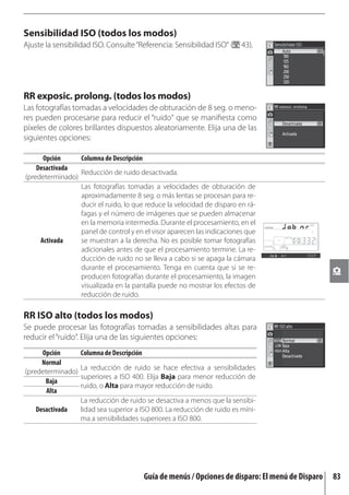 Sensibilidad ISO (todos los modos)
Ajuste la sensibilidad ISO. Consulte “Referencia: Sensibilidad ISO“ (     43).




RR exposic. prolong. (todos los modos)
Las fotografías tomadas a velocidades de obturación de 8 seg. o meno-
res pueden procesarse para reducir el “ruido“ que se maniﬁesta como
píxeles de colores brillantes dispuestos aleatoriamente. Elija una de las
siguientes opciones:

      Opción     Columna de Descripción
    Desactivada
                 Reducción de ruido desactivada.
(predeterminado)
                 Las fotografías tomadas a velocidades de obturación de
                 aproximadamente 8 seg. o más lentas se procesan para re-
                 ducir el ruido, lo que reduce la velocidad de disparo en rá-
                 fagas y el número de imágenes que se pueden almacenar
                 en la memoria intermedia. Durante el procesamiento, en el
                 panel de control y en el visor aparecen las indicaciones que
     Activada    se muestran a la derecha. No es posible tomar fotografías
                 adicionales antes de que el procesamiento termine. La re-
                 ducción de ruido no se lleva a cabo si se apaga la cámara
                 durante el procesamiento. Tenga en cuenta que si se re-
                 producen fotografías durante el procesamiento, la imagen
                 visualizada en la pantalla puede no mostrar los efectos de
                 reducción de ruido.

RR ISO alto (todos los modos)
Se puede procesar las fotografías tomadas a sensibilidades altas para
reducir el “ruido“. Elija una de las siguientes opciones:
     Opción        Columna de Descripción
     Normal
                   La reducción de ruido se hace efectiva a sensibilidades
(predeterminado)
                   superiores a ISO 400. Elija Baja para menor reducción de
      Baja
                   ruido, o Alta para mayor reducción de ruido.
       Alta
                   La reducción de ruido se desactiva a menos que la sensibi-
    Desactivada    lidad sea superior a ISO 800. La reducción de ruido es míni-
                   ma a sensibilidades superiores a ISO 800.




                                            Guía de menús / Opciones de disparo: El menú de Disparo   83
 