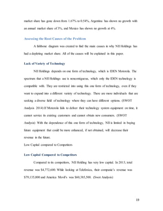 19
market share has gone down from 1.67% to 0.54%, Argentina has shown no growth with
an annual market share of 3%, and Mexico has shown no growth at 4%.
Assessing the Root Causes of the Problem
A fishbone diagram was created to find the main causes in why NII Holdings has
had a depleting market share. All of the causes will be explained in this paper.
Lack of Variety of Technology
NII Holdings depends on one form of technology, which is IDEN Motorola. The
spectrum that a NII Holdings use is noncontiguous, which only the IDEN technology is
compatible with. They are restricted into using this one form of technology, even if they
want to expand into a different variety of technology. There are more individuals that are
seeking a diverse field of technology where they can have different options. (SWOT
Analysis 2014) If Motorola fails to deliver their technology system equipment on time, it
cannot service its existing customers and cannot obtain new consumers. (SWOT
Analysis) With the dependence of this one form of technology, NII is limited in buying
future equipment that could be more enhanced, if not obtained, will decrease their
revenue in the future.
Low Capital compared to Competitors
Low Capital Compared to Competitors
Compared to its competitors, NII Holding has very low capital. In 2013, total
revenue was $4,772,600. While looking at Telefonica, their companie’s revenue was
$79,135,000 and America Movil’s was $60,385,500. (Swot Analysis)
 