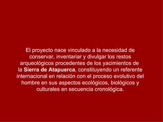 El proyecto nace vinculado a la necesidad de
      conservar, inventariar y divulgar los restos
  arqueológicos procedentes de los yacimientos de
 la Sierra de Atapuerca, constituyendo un referente
internacional en relación con el proceso evolutivo del
   hombre en sus aspectos ecológicos, biológicos y
          culturales en secuencia cronológica.
 