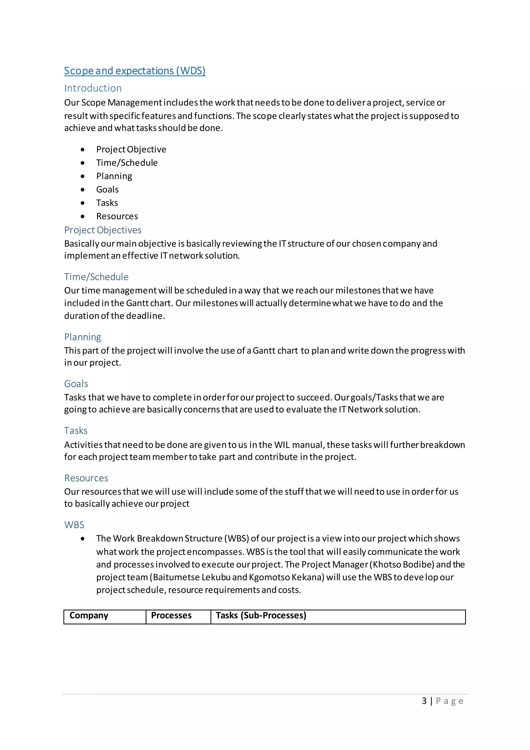 3 | P a g e
Scope and expectations (WDS)
Introduction
Our Scope Managementincludesthe workthatneedstobe done todeliveraproject,service or
resultwithspecificfeaturesandfunctions.The scope clearlystateswhatthe projectissupposedto
achieve andwhattasksshouldbe done.
 ProjectObjective
 Time/Schedule
 Planning
 Goals
 Tasks
 Resources
Project Objectives
Basicallyourmainobjective isbasicallyreviewingthe ITstructure of our chosencompanyand
implementaneffective ITnetworksolution.
Time/Schedule
Our time managementwill be scheduledinaway that we reachour milestonesthatwe have
includedinthe Ganttchart. Our milestoneswill actuallydeterminewhatwe have todo and the
durationof the deadline.
Planning
Thispart of the projectwill involve the use of aGantt chart to planandwrite downthe progresswith
inour project.
Goals
Tasks that we have to complete inorderforourprojectto succeed.Ourgoals/Tasksthatwe are
goingto achieve are basicallyconcernsthatare usedto evaluate the ITNetworksolution.
Tasks
Activitiesthatneedtobe done are giventous inthe WIL manual,these taskswill furtherbreakdown
for eachprojectteammembertotake part and contribute inthe project.
Resources
Our resourcesthatwe will use will include some of the stuff thatwe will needtouse inorderfor us
to basicallyachieve ourproject
WBS
 The Work BreakdownStructure (WBS) of our projectisa view intoour projectwhichshows
whatwork the projectencompasses.WBSisthe tool that will easilycommunicate the work
and processesinvolvedtoexecute ourproject.The ProjectManager(KhotsoBodibe) andthe
projectteam(Baitumetse LekubuandKgomotsoKekana) will use the WBStodevelopour
projectschedule,resource requirementsandcosts.
Company Processes Tasks (Sub-Processes)
 