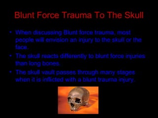 Blunt Force Trauma To The Skull
• When discussing Blunt force trauma, most
people will envision an injury to the skull or the
face.
• The skull reacts differently to blunt force injuries
than long bones.
• The skull vault passes through many stages
when it is inflicted with a blunt trauma injury.
 