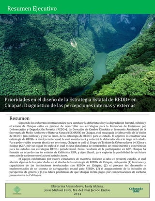 [Type text]
[Type text]
Resumen
Siguiendo los esfuerzos internacionales para combatir la deforestación y la degradación forestal, México y
el estado de Chiapas están en proceso de desarrollar sus estrategias para la Reducción de Emisiones por
Deforestación y Degradación Forestal (REDD+). La Dirección de Cambio Climático y Economía Ambiental de la
Secretaría de Medio Ambiente e Historia Natural (SEMAHN) en Chiapas, está encargada del desarrollo de la Visión
de REDD+ (sin publicar), y por lo tanto, de la estrategia de REDD+ para el estado. El objetivo es construir una
estrategia de REDD+ a nivel jurisdiccional, la cual monitoreará y reducirá la deforestación a lo largo del estado.
Para poder recibir soporte técnico en este tema, Chiapas se unió al Grupo de Trabajo de Gobernadores del Clima y
Bosque (GCF, por sus siglas en inglés), el cual es una plataforma de intercambio de conocimiento y experiencias
para los estados con estrategias REDD+ jurisdiccional. Como resultado de la participación en GCF, Chiapas ha
firmado un acuerdo con los estados de California, EUA, y Acre, Brasil, para explorar la posibilidad de un futuro
mercado de carbono entre las tres jurisdicciones.
El equipo conformado por cuatro estudiantes de maestría, llevaron a cabo el presente estudio, el cual
aborda algunas de las prioridades en el diseño de la estrategia de REDD+ de Chiapas, incluyendo (1) funciones y
capacidades de las instituciones involucradas con REDD+ en Chiapas, (2) el proceso del desarrollo e
implementación de un sistema de salvaguardas estatal para REDD+, (3) el aseguramiento de la inclusión de
perspectiva de género y (4) la futura posibilidad de que Chiapas reciba pagos por compensaciones de carbono
provenientes de California.
Prioridades en el diseño de la Estrategia Estatal de REDD+ en
Chiapas: Diagnóstico de las percepciones internas y externas
Resumen Ejecutivo
Ekaterina Alexandrova, Lesly Aldana,
Jesse Michael Festa, Ma. del Pilar Jacobo Enciso
2014
 