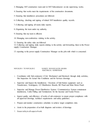 2
3. Managing SST construction team and /or SST Subcontractor on site supervising works.
4. Ensuring that works meet the requirements of the construction documents.
5. Ensuring that installation procedures are followed.
6. Collecting, checking and signing of related SST installation quality records.
7. Collecting and signing all teams daily reports.
8. Organising the team under my authority.
9. Ensuring that my team is efficient.
10. Managing non-confomities relating to the activity.
11. Ensuring the safety rules are followed.
12. Collecting and signing daily reports relating to the activity and forwarding them to the Power
supply Construction Manager.
13. reporting to the power supply Construction Manager on the jobs with which is concerned.
NOV.20,2011 TO NOV.20,2012 SANKYU MANAR SAUDI ARABIA
ELECTRICAL SUPERVISOR
1. Coordinates with Sub-contractor ( Civil, Mechanical and Electrical) through daily activities,
Site Inspection for Actual Site Conditions and for Services drawings.
2. Supervise and Inspect the Installations / Erections of Sub Station equipment such as
Transformers, Switchgears, LV Distribution Boards, DC Panel and Main Motor Panel.
3. Supervise and Manage Power Distribution System / Communication System containment
installations, Cable Pulling and Terminations for the Incomer and Feeder Power.
4. Inspect quality and efficiency of works of sub-contractor to ensure proper compliance with
all approved drawings, technical requirements and safety guidelines.
5. Prepare and monitor construction schedules to achieve target completion date.
6. Assist in the preparation of as-built diagrams and revision of drawings.
7. Ensure safety in all aspect of work.
 