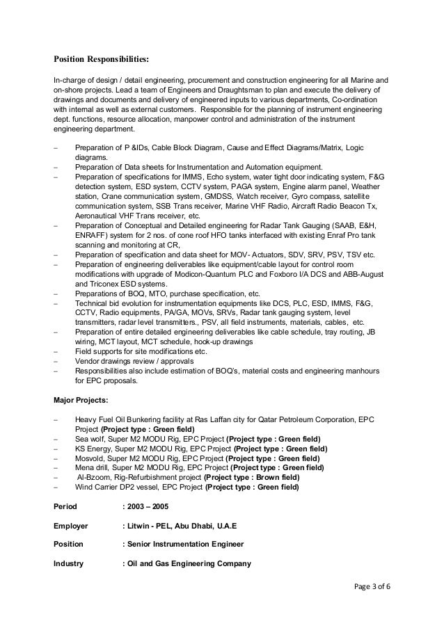 Instrumentation and control engineer resume