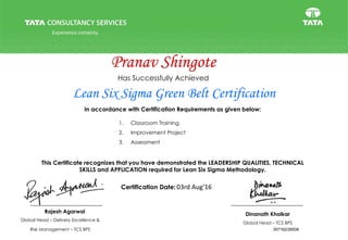 This Certificate recognizes that you have demonstrated the LEADERSHIP QUALITIES, TECHNICAL
SKILLS and APPLICATION required for Lean Six Sigma Methodology.
Certification Date:
Lean Six Sigma Green Belt Certification
Has Successfully Achieved
In accordance with Certification Requirements as given below:
1. Classroom Training
2. Improvement Project
3. Assessment
Pranav Shingote
03rd Aug'16
357162/26508
Rajesh Agarwal
Global Head – Delivery Excellence &
Risk Management – TCS BPS
Dinanath Kholkar
Global Head – TCS BPS
 