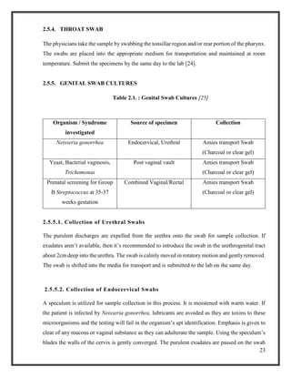 23
2.5.4. THROAT SWAB
The physicians take the sample by swabbing the tonsillar region and/or rear portion of the pharynx.
The swabs are placed into the appropriate medium for transportation and maintained at room
temperature. Submit the specimens by the same day to the lab [24].
2.5.5. GENITAL SWAB CULTURES
Table 2.1. : Genital Swab Cultures [25]
Organism / Syndrome
investigated
Source of specimen Collection
Neisseria gonorrhea Endocervical, Urethral Amies transport Swab
(Charcoal or clear gel)
Yeast, Bacterial vaginosis,
Trichomonas
Post vaginal vault Amies transport Swab
(Charcoal or clear gel)
Prenatal screening for Group
B Streptococcus at 35-37
weeks gestation
Combined Vaginal/Rectal Amies transport Swab
(Charcoal or clear gel)
2.5.5.1. Collection of Urethral Swabs
The purulent discharges are expelled from the urethra onto the swab for sample collection. If
exudates aren’t available, then it’s recommended to introduce the swab in the urethrogenital tract
about 2cm deep into the urethra. The swab is calmly moved in rotatory motion and gently removed.
The swab is shifted into the media for transport and is submitted to the lab on the same day.
2.5.5.2. Collection of Endocervical Swabs
A speculum is utilized for sample collection in this process. It is moistened with warm water. If
the patient is infected by Neisseria gonorrhea, lubricants are avoided as they are toxins to these
microorganisms and the testing will fail in the organism’s apt identification. Emphasis is given to
clear of any mucous or vaginal substance as they can adulterate the sample. Using the speculum’s
blades the walls of the cervix is gently converged. The purulent exudates are passed on the swab
 