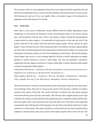 45
The specimen will be in a hazy appearance hence the coarse adjustment knob is gradually focused
and the finer adjustment knob is used for intricate detailing. During this process the microscopic
field fluctuates in and out of the view rapidly. Draw a descriptive image of the characteristic
appearance of the cells and note it in a book.
4.6.1. Gram stain
Gram stain is a dye used to differentiate among different bacterial isolates depending on their
morphology. It also permits the distinction of the varied bacterial strains as the diverse species
show various reactions with the stain. Gram’s stain helps us analyze whether the microorganism
is gram positive or gram negative. Conventionally the gram positive strain take the color of the
primary stain that is the crystal violet stain and hence appear purple. On the contrary the gram
negative strain will take the color of the counterstain that is the safranin and hence appear pinkish
red. This stain is utilized primarily for the categorization of the bacterial isolates as it exposes dual
information on the gram reaction as well as the morphology of the bacteria. The bacteria displays
varied shapes, like coccus or cocci meaning spherical; bacillus or bacilli indicating rod shaped;
spirillum or spirilli referring to curved or spiral shape. The cells can undertake a descriptive
organization like they appear in seclusion or in pairs called diplo, in chain formation called strepto
or clusters arrangement called staphylo.
Gram positive bacteria are – Actinomyces, Bacillus, Clostridium, Cornyebacterium, Enterococcus,
Staphylococcus, Streptococcus, Mycobacterium, Mycoplasma etc.
Gram negative bacteria are – Acetobacter, Borrelia, Bortadella, Campylobacter, Chlamydia,
Vibrio, Shigella, Serr atia, E.coli, Helicobacter, Hemophilus, Neiserria, Klebsiella etc.
The heat fixed smear is entirely covered with the crystal violet primary stain for one whole minue.
Avoid drainage of the slide prior to rinsing as the crystal violet stain has a tendency to produce
crystals on the surface of the slide. The crystal violet dye is washed of the slide using a gradual
and smooth flowing water from the wash bottle. After this the slide is tipped and the excess stain
is drained off, rinsing is carried until the entire purple stain hasn’t completely cleaned off the slide.
Now the surplus water is also allowed to flow down the slide. Now if the slide is microscopically
examined the cells of the bacteria will look purple. Now the slide is flooded for with Gram’s iodine
solution for a whole minute. This step is essential as it will not alter the cell color instead the iodine
complexes with the primary stain and a crystal violet-iodine complex forms in the cell wall. The
 