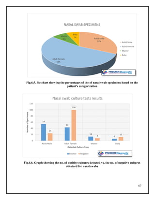 67
Fig.6.5. Pie chart showing the percentages of the of nasal swab specimens based on the
patient’s categorization
Fig.6.6. Graph showing the no. of positive cultures detected vs. the no. of negative cultures
obtained for nasal swabs
Adult Male
32%
Adult Female
53%
Master
8%
Baby
7%
NASAL SWAB SPECIMENS
Adult Male
Adult Female
Master
Baby
54
43
13
6
24
100
8
12
0
20
40
60
80
100
120
Adult Male Adult Female Master Baby
NumberofSpecimens
Detected Culture Type
Nasal swab culture tests results
Positive Negative
 