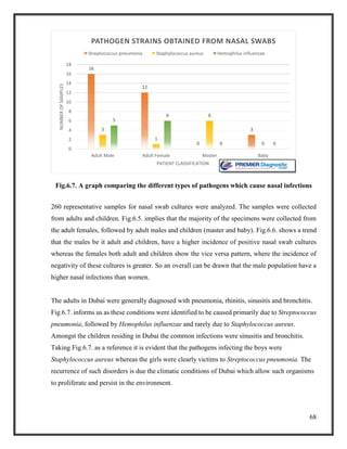 68
Fig.6.7. A graph comparing the different types of pathogens which cause nasal infections
260 representative samples for nasal swab cultures were analyzed. The samples were collected
from adults and children. Fig.6.5. implies that the majority of the specimens were collected from
the adult females, followed by adult males and children (master and baby). Fig.6.6. shows a trend
that the males be it adult and children, have a higher incidence of positive nasal swab cultures
whereas the females both adult and children show the vice versa pattern, where the incidence of
negativity of these cultures is greater. So an overall can be drawn that the male population have a
higher nasal infections than women.
The adults in Dubai were generally diagnosed with pneumonia, rhinitis, sinusitis and bronchitis.
Fig.6.7. informs us as these conditions were identified to be caused primarily due to Streptococcus
pneumonia, followed by Hemophilus influenzae and rarely due to Staphylococcus aureus.
Amongst the children residing in Dubai the common infections were sinusitis and bronchitis.
Taking Fig.6.7. as a reference it is evident that the pathogens infecting the boys were
Staphylococcus aureus whereas the girls were clearly victims to Streptococcus pneumonia. The
recurrence of such disorders is due the climatic conditions of Dubai which allow such organisms
to proliferate and persist in the environment.
16
12
0
33
1
6
0
5
6
0 0
0
2
4
6
8
10
12
14
16
18
Adult Male Adult Female Master Baby
NUMBEROFSAMPLES
PATIENT CLASSIFICATION
PATHOGEN STRAINS OBTAINED FROM NASAL SWABS
Streptococcus pneumonia Staphylococcus aureus Hemophilus influenzae
 