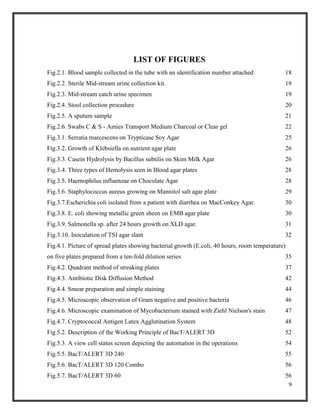 9
LIST OF FIGURES
Fig.2.1. Blood sample collected in the tube with an identification number attached 18
Fig.2.2. Sterile Mid-stream urine collection kit. 19
Fig.2.3. Mid-stream catch urine specimen 19
Fig.2.4. Stool collection procedure 20
Fig.2.5. A sputum sample 21
Fig.2.6. Swabs C & S - Amies Transport Medium Charcoal or Clear gel 22
Fig.3.1. Serratia marcescens on Trypticase Soy Agar 25
Fig.3.2. Growth of Klebsiella on nutrient agar plate 26
Fig.3.3. Casein Hydrolysis by Bacillus subtilis on Skim Milk Agar 26
Fig.3.4. Three types of Hemolysis seen in Blood agar plates 28
Fig.3.5. Haemophilus influenzae on Chocolate Agar 28
Fig.3.6. Staphylococcus aureus growing on Mannitol salt agar plate 29
Fig.3.7.Escherichia coli isolated from a patient with diarrhea on MacConkey Agar. 30
Fig.3.8. E. coli showing metallic green sheen on EMB agar plate 30
Fig.3.9. Salmonella sp. after 24 hours growth on XLD agar. 31
Fig.3.10. Inoculation of TSI agar slant 32
Fig.4.1. Picture of spread plates showing bacterial growth (E.coli, 40 hours, room temperature)
on five plates prepared from a ten-fold dilution series 35
Fig.4.2. Quadrant method of streaking plates 37
Fig.4.3. Antibiotic Disk Diffusion Method 42
Fig.4.4. Smear preparation and simple staining 44
Fig.4.5. Microscopic observation of Gram negative and positive bacteria 46
Fig.4.6. Microscopic examination of Mycobacterium stained with Ziehl Nielson's stain 47
Fig.4.7. Cryptococcal Antigen Latex Agglutination System 48
Fig.5.2. Description of the Working Principle of BacT/ALERT 3D 52
Fig.5.3. A view cell status screen depicting the automation in the operations 54
Fig.5.5. BacT/ALERT 3D 240 55
Fig.5.6. BacT/ALERT 3D 120 Combo 56
Fig.5.7. BacT/ALERT 3D 60 56
 