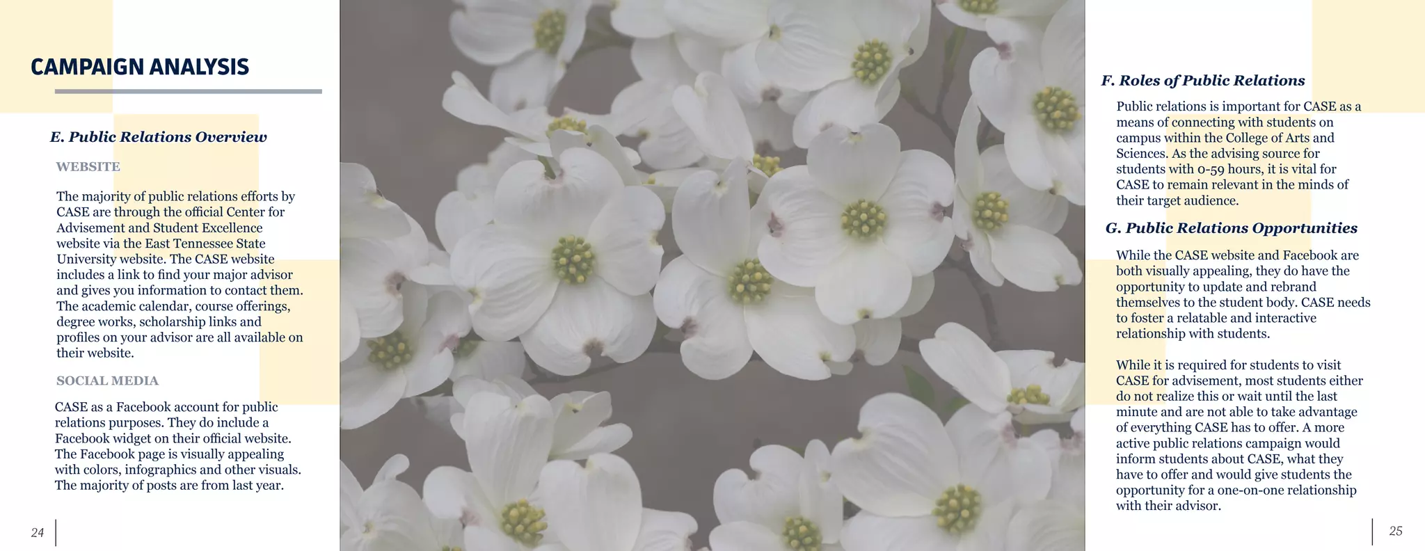 25	 24
CAMPAIGN ANALYSIS
E. Public Relations Overview
The majority of public relations efforts by
CASE are through the official Center for
Advisement and Student Excellence
website via the East Tennessee State
University website. The CASE website
includes a link to find your major advisor
and gives you information to contact them.
The academic calendar, course offerings,
degree works, scholarship links and
profiles on your advisor are all available on
their website.
WEBSITE
SOCIAL MEDIA
CASE as a Facebook account for public
relations purposes. They do include a
Facebook widget on their official website.
The Facebook page is visually appealing
with colors, infographics and other visuals.
The majority of posts are from last year.
F. Roles of Public Relations
Public relations is important for CASE as a
means of connecting with students on
campus within the College of Arts and
Sciences. As the advising source for
students with 0-59 hours, it is vital for
CASE to remain relevant in the minds of
their target audience.
G. Public Relations Opportunities
While the CASE website and Facebook are
both visually appealing, they do have the
opportunity to update and rebrand
themselves to the student body. CASE needs
to foster a relatable and interactive
relationship with students.
While it is required for students to visit
CASE for advisement, most students either
do not realize this or wait until the last
minute and are not able to take advantage
of everything CASE has to offer. A more
active public relations campaign would
inform students about CASE, what they
have to offer and would give students the
opportunity for a one-on-one relationship
with their advisor.
 