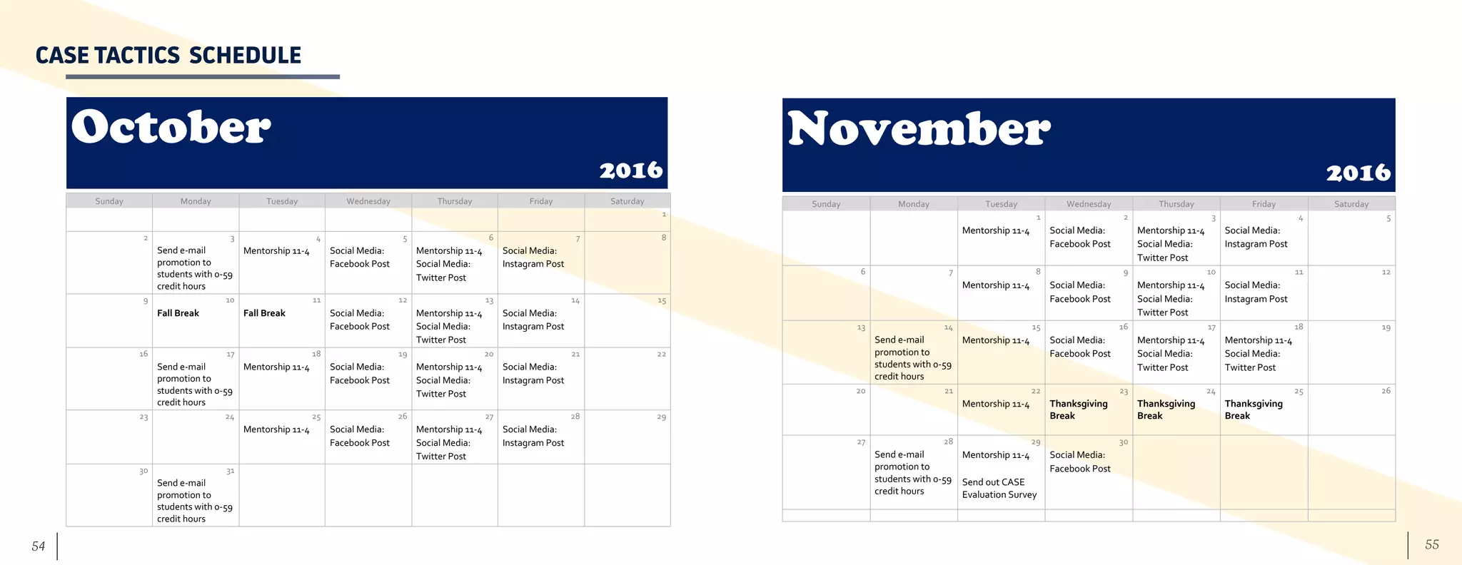 55	 54
CASE TACTICS SCHEDULE
October
2016
Sunday Monday Tuesday Wednesday Thursday Friday Saturday
1
2 3 4 5 6 7 8
Send e-mail
promotion to
students with 0-59
credit hours
Mentorship 11-4 Social Media:
Facebook Post
Mentorship 11-4
Social Media:
Twitter Post
Social Media:
Instagram Post
9 10 11 12 13 14 15
Fall Break Fall Break Social Media:
Facebook Post
Mentorship 11-4
Social Media:
Twitter Post
Social Media:
Instagram Post
16 17 18 19 20 21 22
Send e-mail
promotion to
students with 0-59
credit hours
Mentorship 11-4 Social Media:
Facebook Post
Mentorship 11-4
Social Media:
Twitter Post
Social Media:
Instagram Post
23 24 25 26 27 28 29
Mentorship 11-4 Social Media:
Facebook Post
Mentorship 11-4
Social Media:
Twitter Post
Social Media:
Instagram Post
30 31
Send e-mail
promotion to
students with 0-59
credit hours
November
2016
Sunday Monday Tuesday Wednesday Thursday Friday Saturday
1 2 3 4 5
Mentorship 11-4 Social Media:
Facebook Post
Mentorship 11-4
Social Media:
Twitter Post
Social Media:
Instagram Post
6 7 8 9 10 11 12
Mentorship 11-4 Social Media:
Facebook Post
Mentorship 11-4
Social Media:
Twitter Post
Social Media:
Instagram Post
13 14 15 16 17 18 19
Send e-mail
promotion to
students with 0-59
credit hours
Mentorship 11-4 Social Media:
Facebook Post
Mentorship 11-4
Social Media:
Twitter Post
Mentorship 11-4
Social Media:
Twitter Post
20 21 22 23 24 25 26
Mentorship 11-4 Thanksgiving
Break
Thanksgiving
Break
Thanksgiving
Break
27 28 29 30
Send e-mail
promotion to
students with 0-59
credit hours
Mentorship 11-4
Send out CASE
Evaluation Survey
Social Media:
Facebook Post
 
