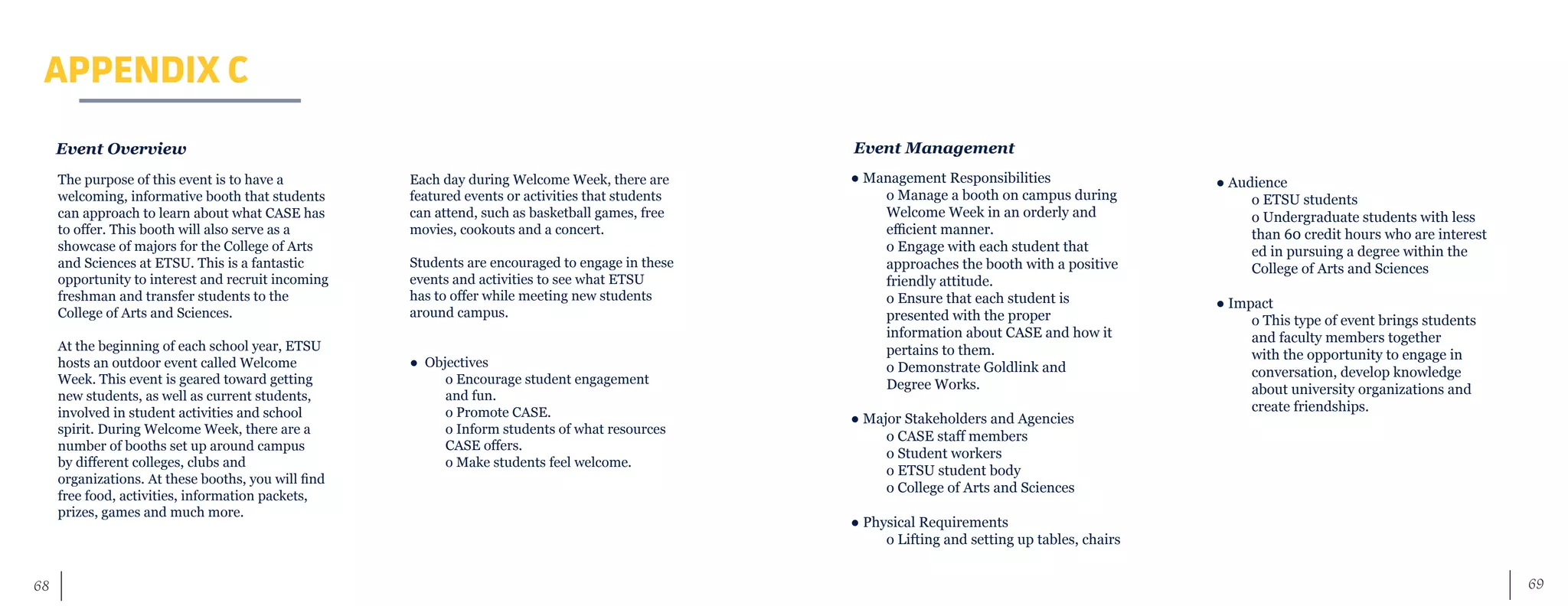 69	 68
APPENDIX C
Event Overview
The purpose of this event is to have a
welcoming, informative booth that students
can approach to learn about what CASE has
to offer. This booth will also serve as a
showcase of majors for the College of Arts
and Sciences at ETSU. This is a fantastic
opportunity to interest and recruit incoming
freshman and transfer students to the
College of Arts and Sciences.
At the beginning of each school year, ETSU
hosts an outdoor event called Welcome
Week. This event is geared toward getting
new students, as well as current students,
involved in student activities and school
spirit. During Welcome Week, there are a
number of booths set up around campus
by different colleges, clubs and
organizations. At these booths, you will find
free food, activities, information packets,
prizes, games and much more.
Each day during Welcome Week, there are
featured events or activities that students
can attend, such as basketball games, free
movies, cookouts and a concert.
Students are encouraged to engage in these
events and activities to see what ETSU
has to offer while meeting new students
around campus.
● Objectives
	 o Encourage student engagement 		
	 and fun.
	 o Promote CASE.
	 o Inform students of what resources 	
	 CASE offers.
	 o Make students feel welcome.
Event Management
● Management Responsibilities
	 o Manage a booth on campus during 	
	 Welcome Week in an orderly and
	 efficient manner.
	 o Engage with each student that
	 approaches the booth with a positive
	 friendly attitude.
	 o Ensure that each student is
	 presented with the proper
	 information about CASE and how it 	
	 pertains to them.
	 o Demonstrate Goldlink and
	 Degree Works.
● Major Stakeholders and Agencies
	 o CASE staff members
	 o Student workers
	 o ETSU student body
	 o College of Arts and Sciences
● Physical Requirements
	 o Lifting and setting up tables, chairs
● Audience
	 o ETSU students
	 o Undergraduate students with less 	
	 than 60 credit hours who are interest	
	 ed in pursuing a degree within the 	
	 College of Arts and Sciences
● Impact
	 o This type of event brings students 	
	 and faculty members together
	 with the opportunity to engage in 	
	 conversation, develop knowledge 		
	 about university organizations and 	
	 create friendships.
 