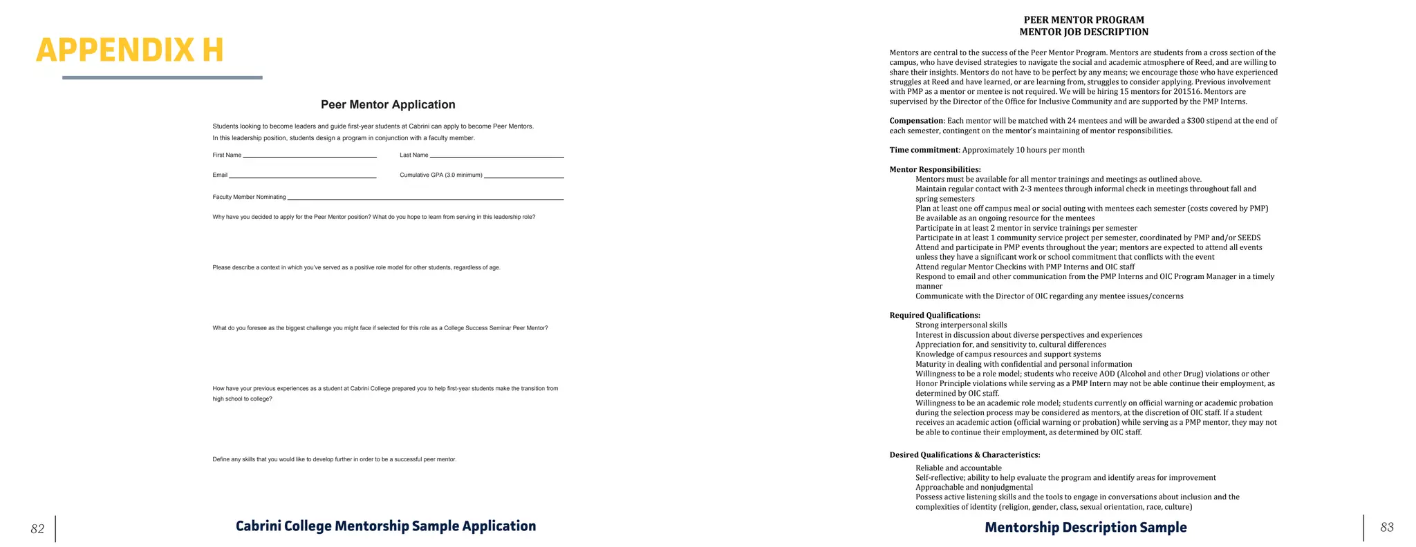 83	 82
PEER MENTOR PROGRAM  
MENTOR JOB DESCRIPTION 
 
Mentors are central to the success of the Peer Mentor Program. Mentors are students from a cross ​section of the 
campus, who have devised strategies to navigate the social and academic atmosphere of Reed, and are willing to 
share their insights. Mentors do not have to be perfect by any means; we encourage those who have experienced 
struggles at Reed and have learned, or are learning ​​from, struggles to consider applying. Previous involvement 
with PMP as a mentor or mentee is not required. We will be hiring 15 mentors for 2015​16. Mentors are 
supervised by the Director of the Office for Inclusive Community and are supported by the PMP Interns. 
 
Compensation​: Each mentor will be matched with 2​4 mentees and will be awarded a $300 stipend at the end of 
each semester, contingent on the mentor’s maintaining of mentor responsibilities.  
 
​Time commitment​: Approximately 10 hours per month 
 
Mentor Responsibilities:  
● Mentors must be available for all mentor trainings and meetings as outlined above. 
● Maintain regular contact with 2‐​3 mentees through informal check​ in meetings throughout fall and 
spring semesters 
● Plan at least one off campus meal or social outing with mentees each semester (costs covered by PMP) 
● Be available as an on​going resource for the mentees 
● Participate in at least 2 mentor in service trainings per semester 
● Participate in at least 1 community service project per semester, coordinated by PMP and/or SEEDS 
● Attend and participate in PMP events throughout the year; mentors are expected to attend all events 
unless they have a significant work or school commitment that conflicts with the event 
● Attend regular Mentor Check​ins with PMP Interns and OIC staff 
● Respond to email and other communication from the PMP Interns and OIC Program Manager in a timely 
manner 
● Communicate with the Director of OIC regarding any mentee issues/concerns 
 
Required Qualifications: 
● Strong interpersonal skills 
● Interest in discussion about diverse perspectives and experiences 
● Appreciation for, and sensitivity to, cultural differences 
● Knowledge of campus resources and support systems 
● Maturity in dealing with confidential and personal information 
● Willingness to be a role model; students who receive AOD (Alcohol and other Drug) violations or other 
Honor Principle violations while serving as a PMP Intern may not be able continue their employment, as 
determined by OIC staff. 
● Willingness to be an academic role model; students currently on official warning or academic probation 
during the selection process may be considered as mentors, at the discretion of OIC staff. If a student 
receives an academic action (official warning or probation) while serving as a PMP mentor, they may not 
be able to continue their employment, as determined by OIC staff. 
 
Desired Qualifications & Characteristics: 
● Reliable and accountable 
● Self​‐reflective; ability to help evaluate the program and identify areas for improvement 
● Approachable and non​judgmental 
● Possess active listening skills and the tools to engage in conversations about inclusion and the 
complexities of identity (religion, gender, class, sexual orientation, race, culture) 
APPENDIX H
Cabrini College Mentorship Sample Application Mentorship Description Sample
Peer Mentor Application
Students looking to become leaders and guide first-year students at Cabrini can apply to become Peer Mentors.
In this leadership position, students design a program in conjunction with a faculty member.
First Name Last Name
Email Cumulative GPA (3.0 minimum)
Faculty Member Nominating
Why have you decided to apply for the Peer Mentor position? What do you hope to learn from serving in this leadership role?
Please describe a context in which you’ve served as a positive role model for other students, regardless of age.
What do you foresee as the biggest challenge you might face if selected for this role as a College Success Seminar Peer Mentor?
How have your previous experiences as a student at Cabrini College prepared you to help first-year students make the transition from
high school to college?
Define any skills that you would like to develop further in order to be a successful peer mentor.
Please submit this application to Richie Gebauer, Director of the Fist-Year Experience, in Grace Hall Room 217 or by email as an
attachment to rgebauer@cabrini.edu.
 