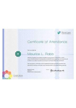 attended a Teaching Cross Cultural Competence course (Level I) on December 5–6 2015,
as part of the Richard Lewis Communications Licensed Partner programme, and is now licensed
to deliver cross-cultural consultancy, training and coaching based on the Lewis Model.
The course gave an introduction to the Lewis Model of Culture and online assessment tool
CultureActive, the library of Richard Lewis Communications’cross-cultural training materials
Richard D Lewis
Chairman
Richard Lewis Communications
Signed
Certificate of Attendance
This is to certify that
Maurice L. Rabb
Communications
Richard Lewis
 