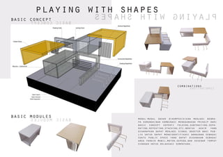 playing with shapes
playingwithshapes
basic modules
combinations
basic concept
basicmodules
combinations
basicconcept
modul-modul dasar dikomposisikan menjadi bebra-
pa kemungkinan kombinasi menggunakan prinsip dari
basic concept seperti folding,subtracting,sepa-
rating,repeating,stacking,etc.bentuk akhir yang
diharapkan dapat menjadi signal booster bagi pub-
lik untuk dapat mengidentifikasi bangunan sebagai
suatu public space yang dapat digunakan sebagai
area parkir mobil,motor,sepeda,dan sekedar tempat
singgah untuk relaksasi sementara.
 