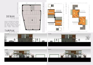 B
A
S
E
M
E
N
T
L
A
N
T
A
I
1
L
A
N
T
A
I
2
DENAH
DENAH
TAMPAK
TAMPAKSELATAN UTARA
TIMUR BARAT
kapasitas bangunan dapat memuat
minimal 19 mobil,12 motor,12
sepeda,dan 40 orang di dalam-
nya. bentuk massa diatas base-
ment menjadi penarik perhatian
agar basement parkir dibawah
dapat mudah ternotifikasi.
 
