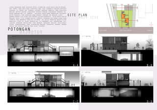 POTONGAN
POTONGAN
SITE PLAN
SITEPLAN
AC
AC
B
D
B
D
A-A B-B
C-C D-D
lokasi bangunan yang terletak persis disamping jalan wahid hasyim merupa-
kan tempat yang saya rasa strategis dari segi geografis maupun ekologis
kawasan. di tempat ini terdapat potensi kawasan transisi yang sekaligus
menjadi buffer antara lingkungan pekerja dengan lingkungan penghuni ka-
wasan kampung bali di thamrin , sehingga lebih mudah memancing interaksi
antar keduanya yang kemudian akan membuat kawasan ini menjadi hidup.
dengan adanya pula event car freeday setiap minggunya, jalan wahid hasyim
menjadi suatu titik dimana banyak terdapat pedagang dan orang orang luar
thamrin yang memarkir mobilnya ditempat ini untuk kemudian beraktivitas
mengikuti event di jalan thamrin.hal itu menambah lagi kemungkinan ter-
jadinya hubungan mutualisme yang membuat bangunan menjadi sustainable
akibat keberadaannya yang diharapkan menjadi essensial sebagai sarana
parkir dan dagang kawasan pada event tersebut.
 