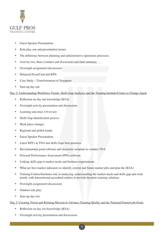5
·	 Guest Speaker Presentation
·	 Role play one and presentation (team)
·	 The difference between planning and administrative operations processes.
·	 Activity two, three (conduct and discussion) and final summary
·	 Overnight assignment (discussion)
·	 Balanced ScoreCard and KPIs
·	 Case Study – Transformation of Singapore
·	 Sum-up day one
Day 2: Understanding Workforce Trends, Skills Gap Analyses and the Training Institute/Centre as Change Agent
·	 Reflection on day one knowledge (KSA)
·	 Overnight activity presentation and discussions
·	 Learning outcomes 4-6 review
·	 Skills Gap identification process
·	 Work place changes
·	 Regional and global trends
·	 Guest Speaker Presentation
·	 Latest KPI’s in TNA and skills Gaps best practices
·	 Recommended good software and electronic template to conduct TNA
·	 Personal Performance Assessment (PPA) software
·	 Linking skills gap to market needs and business requirements
·	 What are best market indicators to identify current and future market jobs and plan the (KSA)
·	 Training Centres/Institutes role in analyzing, understanding the market needs and skills gap and work
jointly with International accredited entities to provide dynamic training solutions.
·	 Overnight assignment (discussion)
·	 Outdoor role play
·	 Sum-up day two
Day 3: Creating Vision and Refining Mission to Advance Training Quality and the National Framework Goals
·	 Reflection on day two knowledge (KSA)
·	 Overnight activity presentation and discussions
 