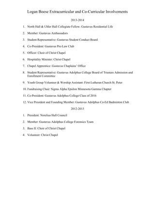 Logan Boese Extracurricular and Co-Curricular Involvements
2013-2014
1. North Hall & Uhler Hall Collegiate Fellow: Gustavus Residential Life
2. Member: Gustavus Ambassadors
3. Student Representative: Gustavus Student Conduct Board
4. Co-President: Gustavus Pre-Law Club
5. Officer: Choir of Christ Chapel
6. Hospitality Minister: Christ Chapel
7. Chapel Apprentice: Gustavus Chaplains’ Office
8. Student Representative: Gustavus Adolphus College Board of Trustees Admission and
Enrollment Committee
9. Youth Group Volunteer & Worship Assistant: First Lutheran Church St. Peter
10. Fundraising Chair: Sigma Alpha Epsilon Minnesota Gamma Chapter
11. Co-President: Gustavus Adolphus College Class of 2016
12. Vice President and Founding Member: Gustavus Adolphus Co-Ed Badminton Club
2012-2013
1. President: Norelius Hall Council
2. Member: Gustavus Adolphus College Forensics Team
3. Bass II: Choir of Christ Chapel
4. Volunteer: Christ Chapel
 