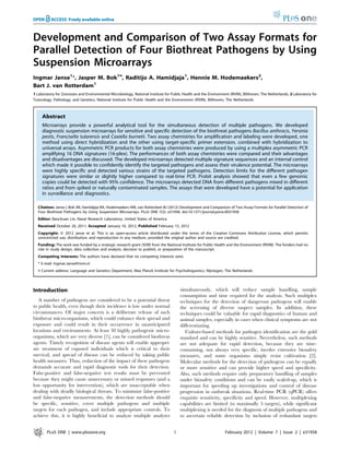 Development and Comparison of Two Assay Formats for
Parallel Detection of Four Biothreat Pathogens by Using
Suspension Microarrays
Ingmar Janse1
*, Jasper M. Bok1¤
, Raditijo A. Hamidjaja1
, Hennie M. Hodemaekers2
,
Bart J. van Rotterdam1
1 Laboratory for Zoonoses and Environmental Microbiology, National Institute for Public Health and the Environment (RIVM), Bilthoven, The Netherlands, 2 Laboratory for
Toxicology, Pathology, and Genetics, National Institute for Public Health and the Environment (RIVM), Bilthoven, The Netherlands
Abstract
Microarrays provide a powerful analytical tool for the simultaneous detection of multiple pathogens. We developed
diagnostic suspension microarrays for sensitive and specific detection of the biothreat pathogens Bacillus anthracis, Yersinia
pestis, Francisella tularensis and Coxiella burnetii. Two assay chemistries for amplification and labeling were developed, one
method using direct hybridization and the other using target-specific primer extension, combined with hybridization to
universal arrays. Asymmetric PCR products for both assay chemistries were produced by using a multiplex asymmetric PCR
amplifying 16 DNA signatures (16-plex). The performances of both assay chemistries were compared and their advantages
and disadvantages are discussed. The developed microarrays detected multiple signature sequences and an internal control
which made it possible to confidently identify the targeted pathogens and assess their virulence potential. The microarrays
were highly specific and detected various strains of the targeted pathogens. Detection limits for the different pathogen
signatures were similar or slightly higher compared to real-time PCR. Probit analysis showed that even a few genomic
copies could be detected with 95% confidence. The microarrays detected DNA from different pathogens mixed in different
ratios and from spiked or naturally contaminated samples. The assays that were developed have a potential for application
in surveillance and diagnostics.
Citation: Janse I, Bok JM, Hamidjaja RA, Hodemaekers HM, van Rotterdam BJ (2012) Development and Comparison of Two Assay Formats for Parallel Detection of
Four Biothreat Pathogens by Using Suspension Microarrays. PLoS ONE 7(2): e31958. doi:10.1371/journal.pone.0031958
Editor: Baochuan Lin, Naval Research Laboratory, United States of America
Received October 20, 2011; Accepted January 16, 2012; Published February 15, 2012
Copyright: ß 2012 Janse et al. This is an open-access article distributed under the terms of the Creative Commons Attribution License, which permits
unrestricted use, distribution, and reproduction in any medium, provided the original author and source are credited.
Funding: The work was funded by a strategic research grant (SOR) from the National Institute for Public Health and the Environment (RIVM). The funders had no
role in study design, data collection and analysis, decision to publish, or preparation of the manuscript.
Competing Interests: The authors have declared that no competing interests exist.
* E-mail: Ingmar.Janse@rivm.nl
¤ Current address: Language and Genetics Department, Max Planck Institute for Psycholinguistics, Nijmegen, The Netherlands
Introduction
A number of pathogens are considered to be a potential threat
to public health, even though their incidence is low under normal
circumstances. Of major concern is a deliberate release of such
biothreat micro-organisms, which could enhance their spread and
exposure and could result in their occurrence in unanticipated
locations and environments. At least 30 highly pathogenic micro-
organisms, which are very diverse [1], can be considered biothreat
agents. Timely recognition of disease agents will enable appropri-
ate treatment of exposed individuals which is critical to their
survival, and spread of disease can be reduced by taking public
health measures. Thus, reduction of the impact of these pathogens
demands accurate and rapid diagnostic tools for their detection.
False-positive and false-negative test results must be prevented
because they might cause unnecessary or missed responses (and a
lost opportunity for intervention), which are unacceptable when
dealing with deadly biological threats. To minimize false-positive
and false-negative measurements, the detection methods should
be specific, sensitive, cover multiple pathogens and multiple
targets for each pathogen, and include appropriate controls. To
achieve this, it is highly beneficial to analyze multiple analytes
simultaneously, which will reduce sample handling, sample
consumption and time required for the analysis. Such multiplex
techniques for the detection of dangerous pathogens will enable
the screening of diverse suspect samples. In addition, these
techniques could be valuable for rapid diagnostics of human and
animal samples, especially in cases when clinical symptoms are not
differentiating.
Culture-based methods for pathogen identification are the gold
standard and can be highly sensitive. Nevertheless, such methods
are not adequate for rapid detection, because they are time-
consuming, not always very specific, involve extensive biosafety
measures, and some organisms simply resist cultivation [2].
Molecular methods for the detection of pathogens can be equally
or more sensitive and can provide higher speed and specificity.
Also, such methods require only preparatory handling of samples
under biosafety conditions and can be easily scaled-up, which is
important for speeding up investigations and control of disease
progression in outbreak situations. Real-time PCR (qPCR) offers
exquisite sensitivity, specificity and speed. However, multiplexing
capabilities are limited (to maximally 5 targets), while significant
multiplexing is needed for the diagnosis of multiple pathogens and
to ascertain reliable detection by inclusion of redundant targets
PLoS ONE | www.plosone.org 1 February 2012 | Volume 7 | Issue 2 | e31958
 