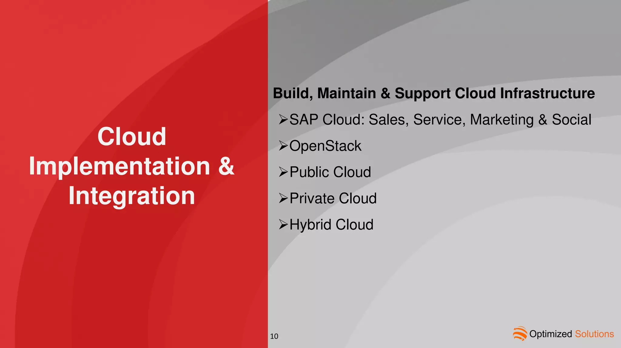 Cloud
Implementation &
Integration
Build, Maintain & Support Cloud Infrastructure
SAP Cloud: Sales, Service, Marketing & Social
OpenStack
Public Cloud
Private Cloud
Hybrid Cloud
10
 