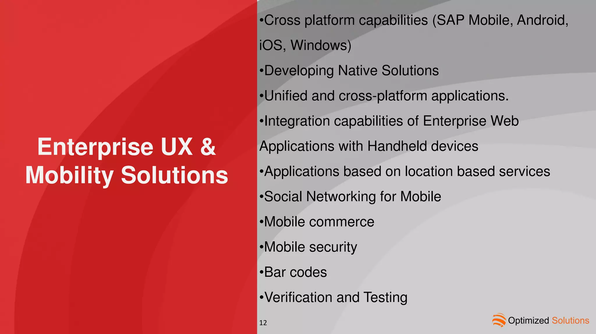 Enterprise UX &
Mobility Solutions
•Cross platform capabilities (SAP Mobile, Android,
iOS, Windows)
•Developing Native Solutions
•Unified and cross-platform applications.
•Integration capabilities of Enterprise Web
Applications with Handheld devices
•Applications based on location based services
•Social Networking for Mobile
•Mobile commerce
•Mobile security
•Bar codes
•Verification and Testing
12
 