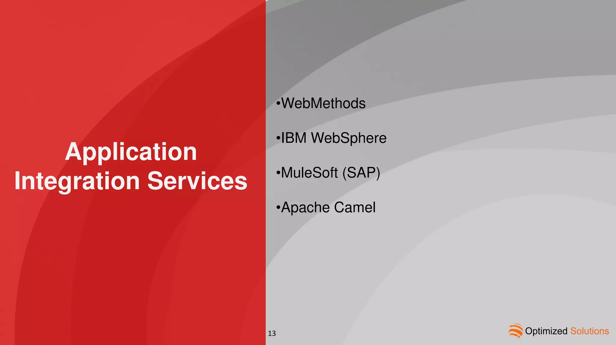Application
Integration Services
•WebMethods
•IBM WebSphere
•MuleSoft (SAP)
•Apache Camel
13
 