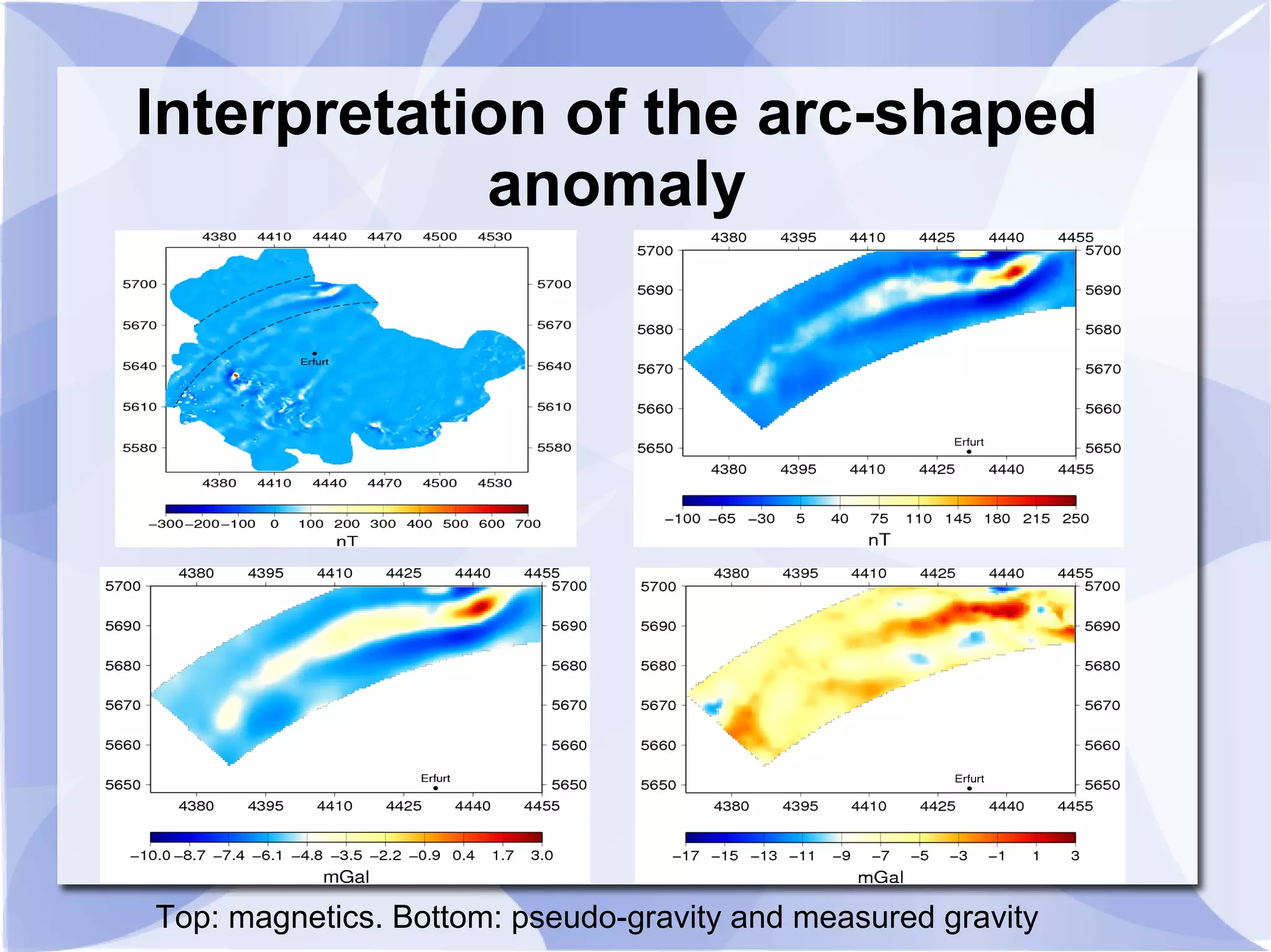 Interpretation of the arc-shaped
anomaly
Top: magnetics. Bottom: pseudo-gravity and measured gravity
 