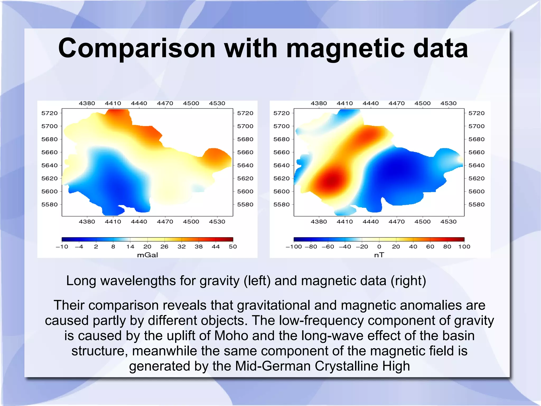 Comparison with magnetic data
Long wavelengths for gravity (left) and magnetic data (right)
Their comparison reveals that gravitational and magnetic anomalies are
caused partly by different objects. The low-frequency component of gravity
is caused by the uplift of Moho and the long-wave effect of the basin
structure, meanwhile the same component of the magnetic field is
generated by the Mid-German Crystalline High
 