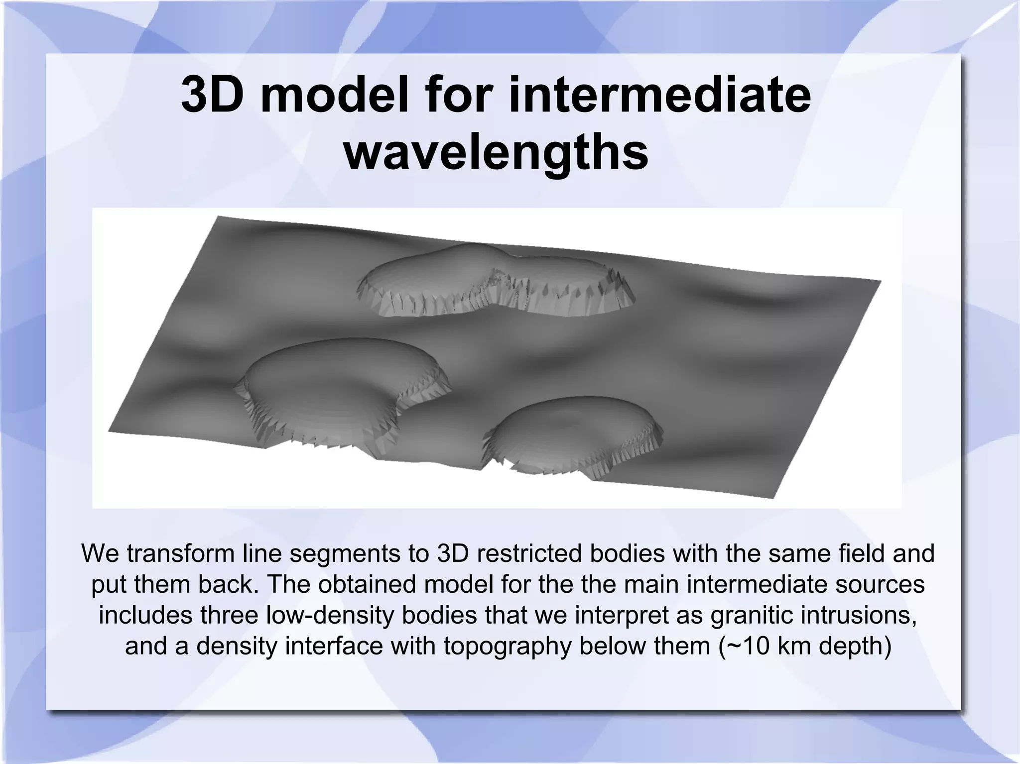 3D model for intermediate
wavelengths
We transform line segments to 3D restricted bodies with the same field and
put them back. The obtained model for the the main intermediate sources
includes three low-density bodies that we interpret as granitic intrusions,
and a density interface with topography below them (~10 km depth)
 