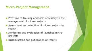 Micro-Project Management
Provision of training and tools necessary to the
management of micro-projects
Assessment and selection of micro-projects to
support
Monitoring and evaluation of launched micro-
projects
Dissemination and publication of results