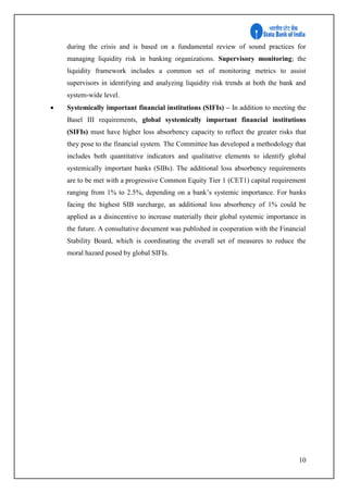 10
during the crisis and is based on a fundamental review of sound practices for
managing liquidity risk in banking organizations. Supervisory monitoring; the
liquidity framework includes a common set of monitoring metrics to assist
supervisors in identifying and analyzing liquidity risk trends at both the bank and
system-wide level.
 Systemically important financial institutions (SIFIs) – In addition to meeting the
Basel III requirements, global systemically important financial institutions
(SIFIs) must have higher loss absorbency capacity to reflect the greater risks that
they pose to the financial system. The Committee has developed a methodology that
includes both quantitative indicators and qualitative elements to identify global
systemically important banks (SIBs). The additional loss absorbency requirements
are to be met with a progressive Common Equity Tier 1 (CET1) capital requirement
ranging from 1% to 2.5%, depending on a bank’s systemic importance. For banks
facing the highest SIB surcharge, an additional loss absorbency of 1% could be
applied as a disincentive to increase materially their global systemic importance in
the future. A consultative document was published in cooperation with the Financial
Stability Board, which is coordinating the overall set of measures to reduce the
moral hazard posed by global SIFIs.
 