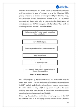 22
sometimes achieved through an ‘auction’ of the defaulter’s position among
surviving members. In terms of resources to cover its obligations, CCPs
typically have access to financial resources provided by the defaulting party,
the CCP itself and the other, non-defaulting members of the CCP. The order in
which these are drawn down helps to create appropriate incentives for all
parties (members and CCPs) to manage the risks they take on. These funds are
collectively known as the CCP’s ‘default waterfall’.
Figure 3: Default waterfall
If the collateral posted by the defaulter to the CCP is insufficient to meet the
amount owed, the CCP can then draw on the defaulting party’s contribution to
the CCP’s ‘default fund’. Usually, all members are required to contribute to
this fund in advance of using a CCP. A key feature of CCPs is that losses
exceeding those initial sums provided by the defaulter are effectively shared
(mutualized) across all other members of the CCP.
Before using the default fund contributions of surviving members the CCP
may contribute some of its own equity resources towards the loss (shown in
Defaulting member’s initial margin and default
fund contribution
Surviving members default fund-contributions
Part of CCPs Equity
CCPs remaining equity
Right of assessment
CCP insolvent in the absence of a mechanism to
allocate the residual loss
 
