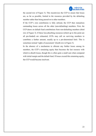 23
the second row of Figure 3). This incentivizes the CCP to ensure that losses
are, as far as possible, limited to the resources provided by the defaulting
member rather than being passed on to other members.
If the CCP’s own contribution is fully utilized, the CCP then mutualizes
outstanding losses across all the other (non-defaulting) members. First, the
CCP draws on default fund contributions from non-defaulting members (third
row of Figure 3). If these loss-absorbing resources (which up to this point are
all pre-funded) are exhausted, CCPs may call on surviving members to
contribute a further amount, usually up to a pre-determined limit. This is
sometimes termed ‘rights of assessment’ (fourth row in Figure 3).
In the absence of a mechanism to allocate any further losses among its
members, the CCP’s remaining equity then becomes the last resource with
which to absorb losses, though this is often quite a small sum when compared
with initial margin and the default fund. If losses exceed this remaining equity,
the CCP would become insolvent.
 