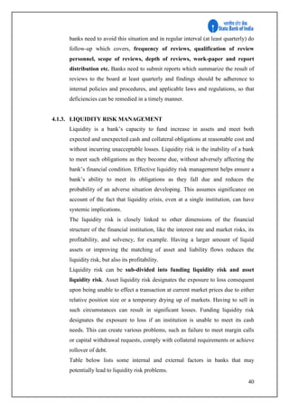 40
banks need to avoid this situation and in regular interval (at least quarterly) do
follow-up which covers, frequency of reviews, qualification of review
personnel, scope of reviews, depth of reviews, work-paper and report
distribution etc. Banks need to submit reports which summarize the result of
reviews to the board at least quarterly and findings should be adherence to
internal policies and procedures, and applicable laws and regulations, so that
deficiencies can be remedied in a timely manner.
4.1.3. LIQUIDITY RISK MANAGEMENT
Liquidity is a bank’s capacity to fund increase in assets and meet both
expected and unexpected cash and collateral obligations at reasonable cost and
without incurring unacceptable losses. Liquidity risk is the inability of a bank
to meet such obligations as they become due, without adversely affecting the
bank’s financial condition. Effective liquidity risk management helps ensure a
bank’s ability to meet its obligations as they fall due and reduces the
probability of an adverse situation developing. This assumes significance on
account of the fact that liquidity crisis, even at a single institution, can have
systemic implications.
The liquidity risk is closely linked to other dimensions of the financial
structure of the financial institution, like the interest rate and market risks, its
profitability, and solvency, for example. Having a larger amount of liquid
assets or improving the matching of asset and liability flows reduces the
liquidity risk, but also its profitability.
Liquidity risk can be sub-divided into funding liquidity risk and asset
liquidity risk. Asset liquidity risk designates the exposure to loss consequent
upon being unable to effect a transaction at current market prices due to either
relative position size or a temporary drying up of markets. Having to sell in
such circumstances can result in significant losses. Funding liquidity risk
designates the exposure to loss if an institution is unable to meet its cash
needs. This can create various problems, such as failure to meet margin calls
or capital withdrawal requests, comply with collateral requirements or achieve
rollover of debt.
Table below lists some internal and external factors in banks that may
potentially lead to liquidity risk problems.
 