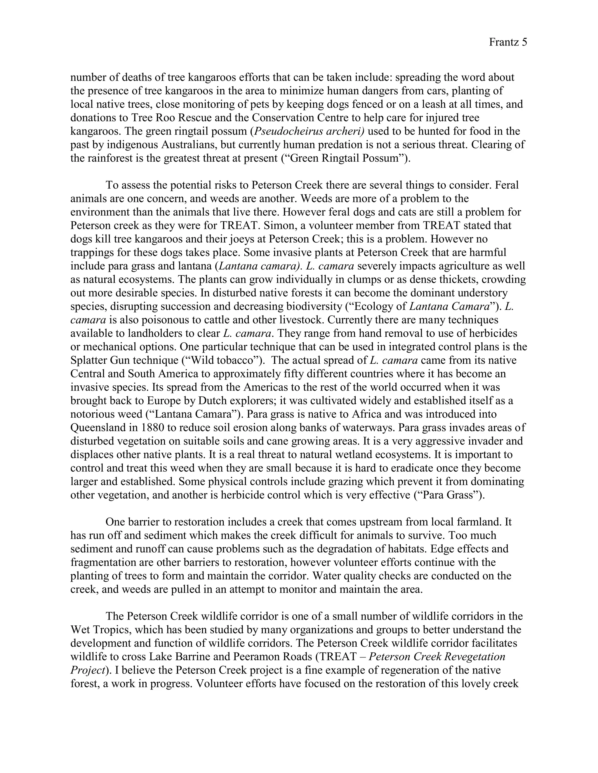Frantz 5
number of deaths of tree kangaroos efforts that can be taken include: spreading the word about
the presence of tree kangaroos in the area to minimize human dangers from cars, planting of
local native trees, close monitoring of pets by keeping dogs fenced or on a leash at all times, and
donations to Tree Roo Rescue and the Conservation Centre to help care for injured tree
kangaroos. The green ringtail possum (Pseudocheirus archeri) used to be hunted for food in the
past by indigenous Australians, but currently human predation is not a serious threat. Clearing of
the rainforest is the greatest threat at present (“Green Ringtail Possum”).
To assess the potential risks to Peterson Creek there are several things to consider. Feral
animals are one concern, and weeds are another. Weeds are more of a problem to the
environment than the animals that live there. However feral dogs and cats are still a problem for
Peterson creek as they were for TREAT. Simon, a volunteer member from TREAT stated that
dogs kill tree kangaroos and their joeys at Peterson Creek; this is a problem. However no
trappings for these dogs takes place. Some invasive plants at Peterson Creek that are harmful
include para grass and lantana (Lantana camara). L. camara severely impacts agriculture as well
as natural ecosystems. The plants can grow individually in clumps or as dense thickets, crowding
out more desirable species. In disturbed native forests it can become the dominant understory
species, disrupting succession and decreasing biodiversity (“Ecology of Lantana Camara”). L.
camara is also poisonous to cattle and other livestock. Currently there are many techniques
available to landholders to clear L. camara. They range from hand removal to use of herbicides
or mechanical options. One particular technique that can be used in integrated control plans is the
Splatter Gun technique (“Wild tobacco”). The actual spread of L. camara came from its native
Central and South America to approximately fifty different countries where it has become an
invasive species. Its spread from the Americas to the rest of the world occurred when it was
brought back to Europe by Dutch explorers; it was cultivated widely and established itself as a
notorious weed (“Lantana Camara”). Para grass is native to Africa and was introduced into
Queensland in 1880 to reduce soil erosion along banks of waterways. Para grass invades areas of
disturbed vegetation on suitable soils and cane growing areas. It is a very aggressive invader and
displaces other native plants. It is a real threat to natural wetland ecosystems. It is important to
control and treat this weed when they are small because it is hard to eradicate once they become
larger and established. Some physical controls include grazing which prevent it from dominating
other vegetation, and another is herbicide control which is very effective (“Para Grass”).
One barrier to restoration includes a creek that comes upstream from local farmland. It
has run off and sediment which makes the creek difficult for animals to survive. Too much
sediment and runoff can cause problems such as the degradation of habitats. Edge effects and
fragmentation are other barriers to restoration, however volunteer efforts continue with the
planting of trees to form and maintain the corridor. Water quality checks are conducted on the
creek, and weeds are pulled in an attempt to monitor and maintain the area.
The Peterson Creek wildlife corridor is one of a small number of wildlife corridors in the
Wet Tropics, which has been studied by many organizations and groups to better understand the
development and function of wildlife corridors. The Peterson Creek wildlife corridor facilitates
wildlife to cross Lake Barrine and Peeramon Roads (TREAT – Peterson Creek Revegetation
Project). I believe the Peterson Creek project is a fine example of regeneration of the native
forest, a work in progress. Volunteer efforts have focused on the restoration of this lovely creek
 