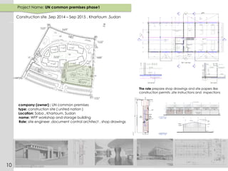 company (owner) : UN common premises
type: construction site ( united nation )
Location: Soba , Khartoum, Sudan
name: WFP workshop and storage building
Role: site engineer ,document control architect , shop drawings
Project Name: UN common premises phase1
Construction site ,Sep 2014 – Sep 2015 , Khartoum ,Sudan
The role prepare shop drawings and site papers like
construction permits ,site instructions and inspections
reemkinani@live.com10
 