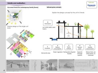 0
Orientation
1
Insulation
2
Reduce
consumption
3
Green
surfaces
4
Recycle
water
thermal & noise
sun, wind, water, wind
towers
5
Healthy
environment
Power regulation Roof gardens & green
facades
Separate
drainage
systems
Reduce heat, use
native plants, no
chemicals
Sahrawi green concept :Eco-smart house for contemporary family [home]
Details and realization :
Passive design on the single unit
level.
Explain the design concept for the unit in 5 levels
Sahrawi
reemkinani@live.com4
 