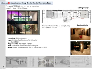 Project name: Group Granite Fiandre Showroom, Spain
company: Bertone design
type: architectural industrial and interior
Location: Spain
Project name: showroom Fiandre
Role: architect, interior industrial designer
Value: (level 3) concept,technical details,exicuation.
Complete design from concept to permit set
,march – June , 2014 , Milano
Showroom Full Interior For An Existing Building
For The Same Company
Existing interior
Existing interior
reemkinani@live.com6
 