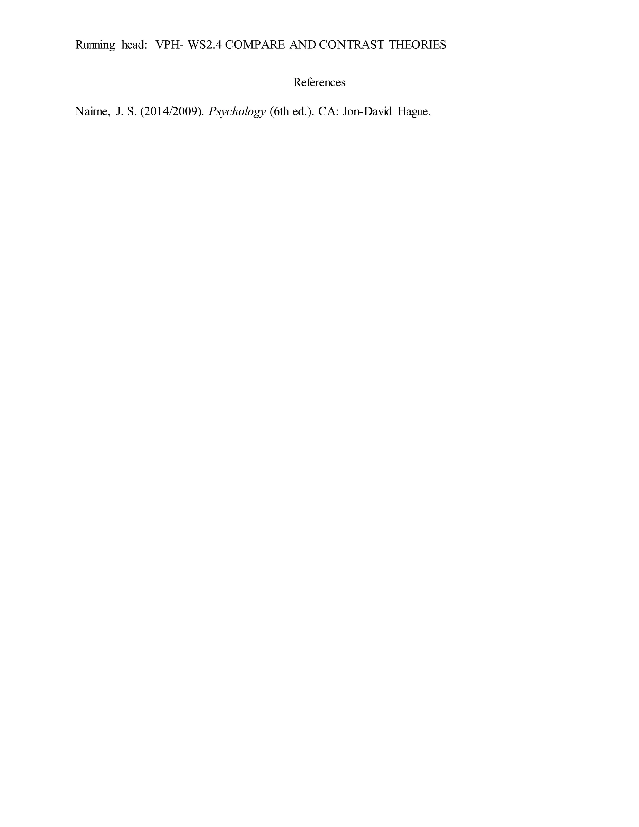 Running head: VPH- WS2.4 COMPARE AND CONTRAST THEORIES
References
Nairne, J. S. (2014/2009). Psychology (6th ed.). CA: Jon-David Hague.
 